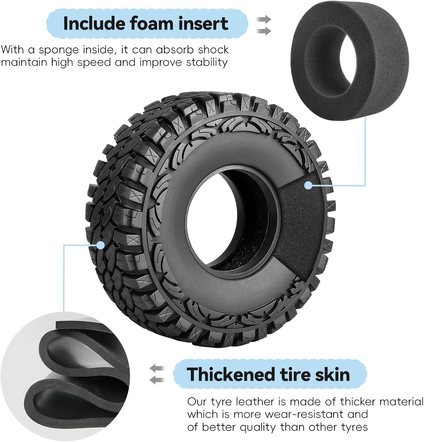 4PCS 1.9 Crawler Tires Outer Diameter 114mm with Foam Inserts for 1/10 RC Rock Crawler Axial SCX10 SCX10 III AXI03007 D90 TF2 MST Tamiya CC01