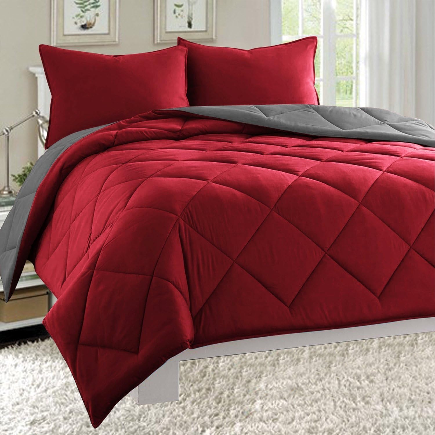 Elegant Comfort All Season Light Weight Down Alternative Reversible 2-Piece Comforter Set, Twin/Twin XL, Burgundy/Grey