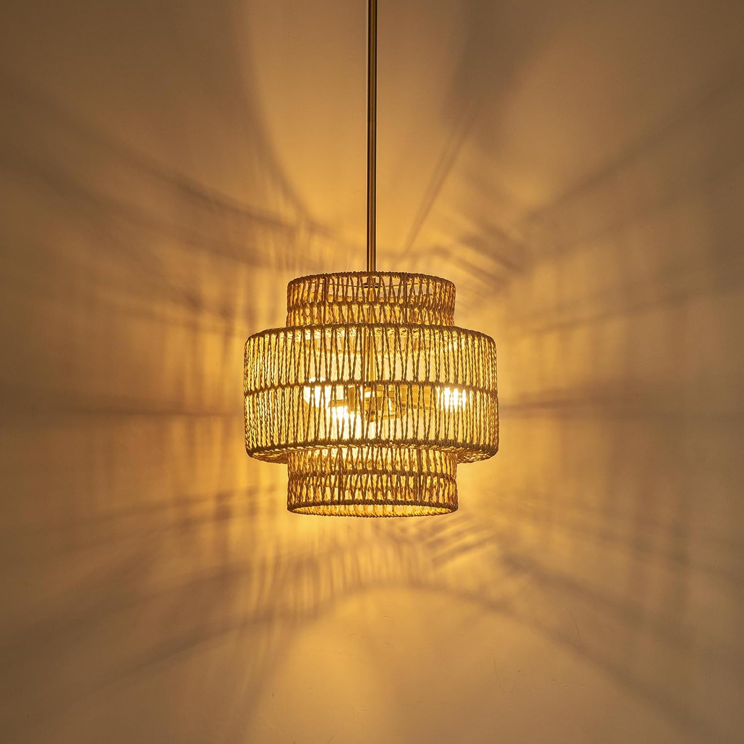 MODIVO 3-Light E12 Boho Rattan Chandelier, 12.6 Inch Hand Woven Farmhouse Pendant Light for Kitchen Island, Dining Room, Bedroom, Rustic Hanging Lamp, Living Room, Entryway, Foyer