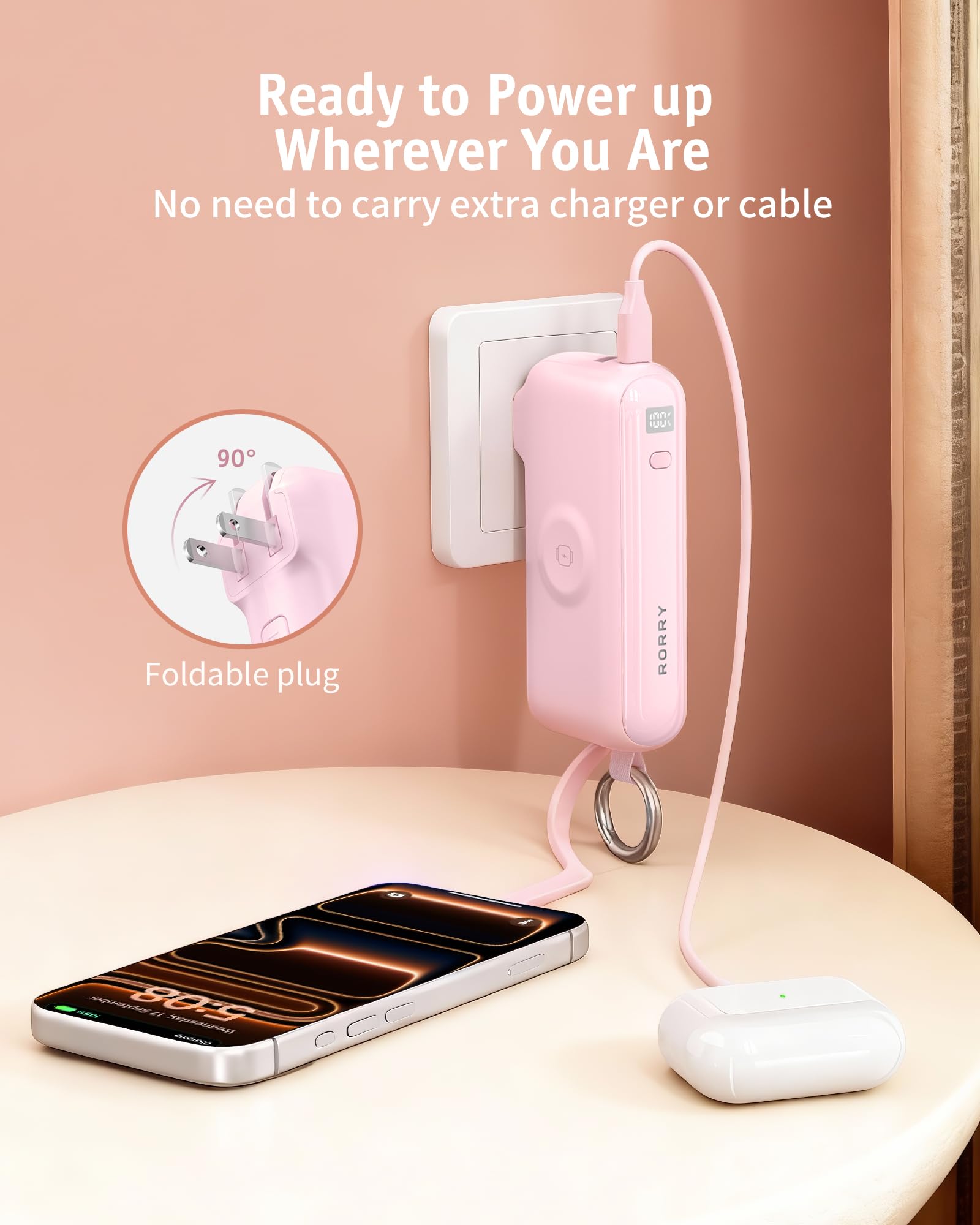 RORRY Flow Portable Charger, 10000mAh 40W Fast Charging Power Bank with Built-in USB C Cable and Foldable Wall Plug, Battery Pack Travel Essentials for iPhone 17/16/15, Apple Watch, iPad, MacBook — view 6