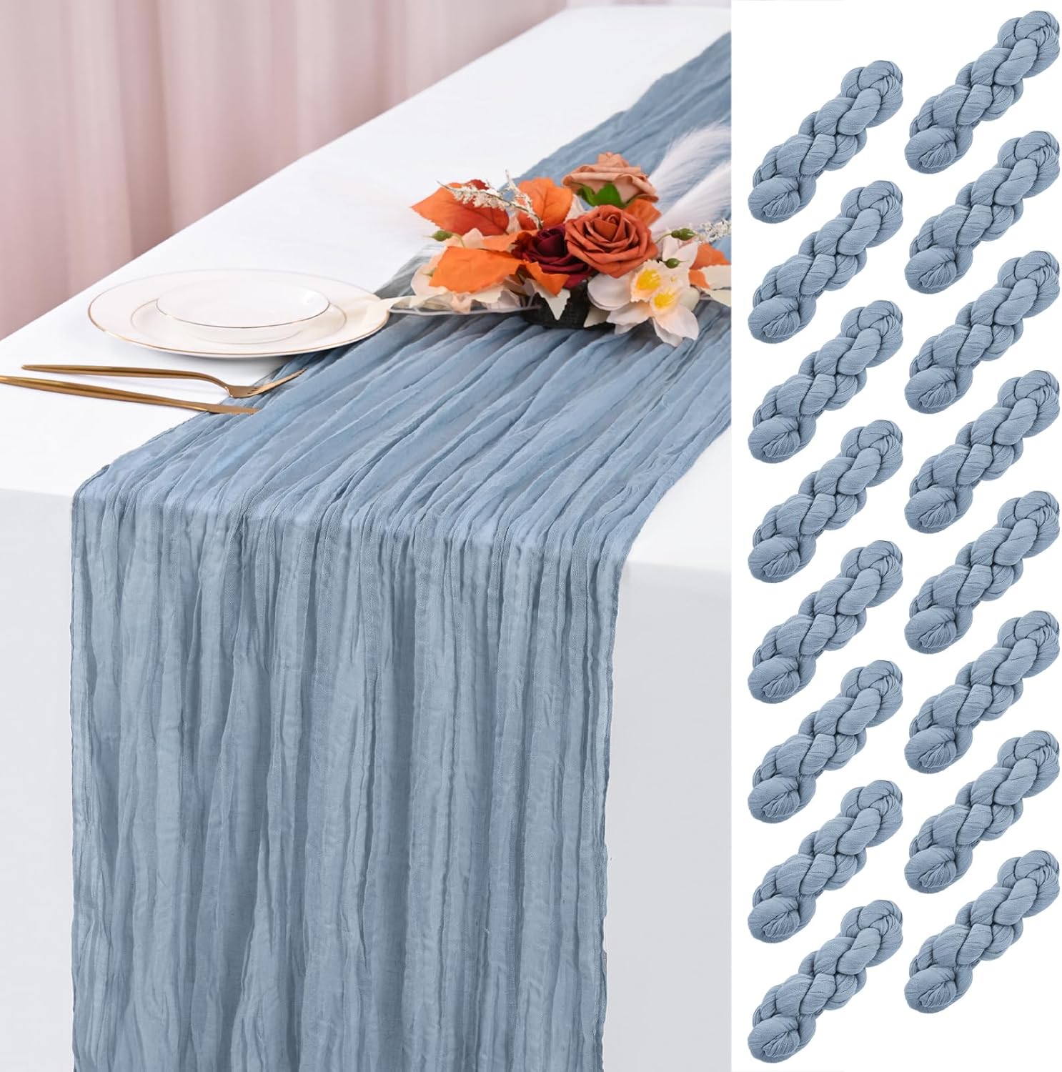 16 Pack Dusty Blue Cheesecloth Table Runner 120 Inch 10FT Spring Boho Rustic Sheer Gauze Cheese Cloth Table Runner for Wedding Baby Shower Birthday Party Table Decor