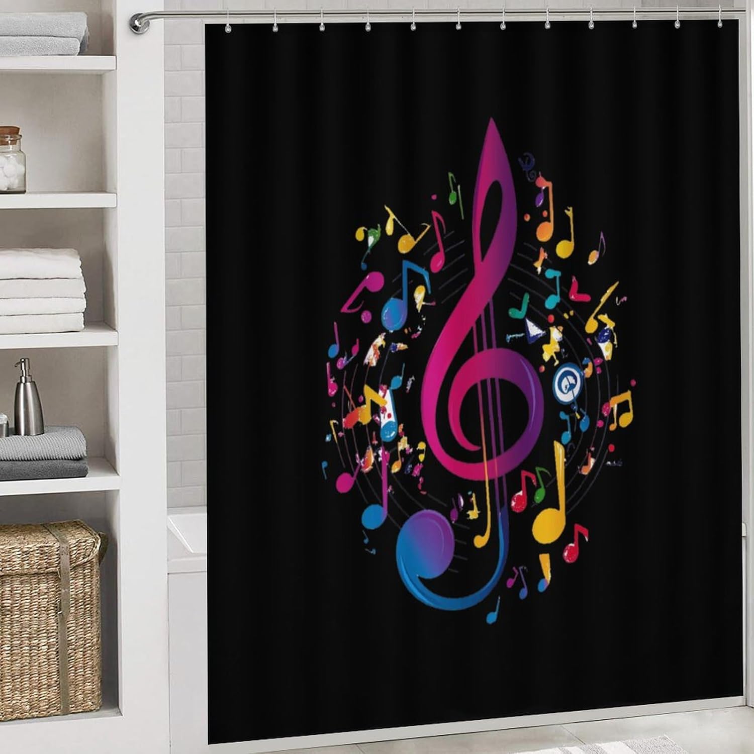 Colorful Musical Notes Modern Bathroom Sets with Shower Curtain and Rugs Decor 4 Pcs with 12 Hooks