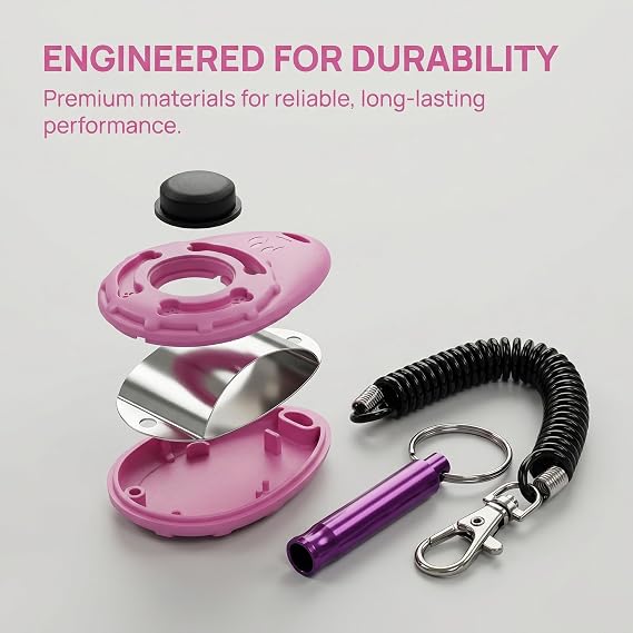 Dog Training Clicker and Whistle Set with Wrist Strap, 2-in-1 Positive Reinforcement Tool for Puppies and Cats, Matte ABS Behavior Correction Device for Recall and Agility Training,Pink