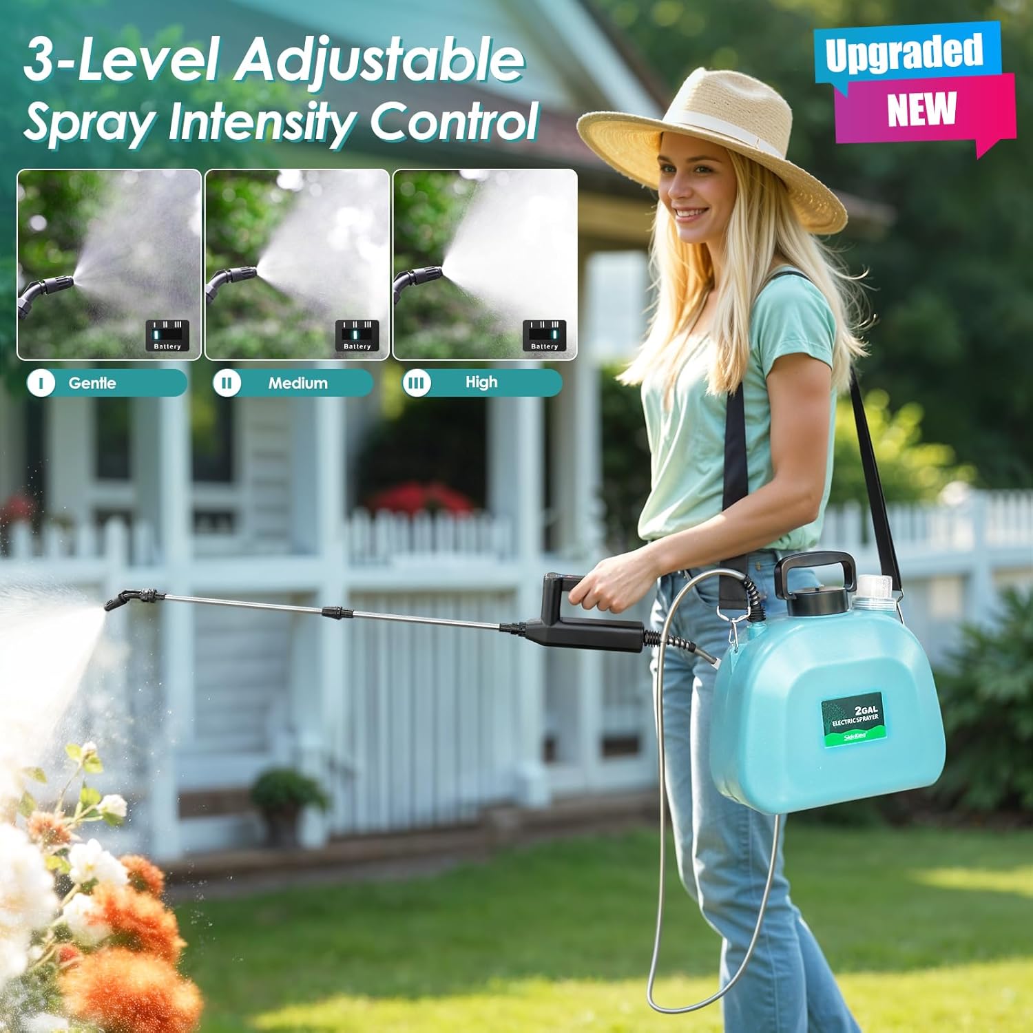 Battery Powered Sprayer 2 Gallon, 2025 Upgraded Electric Weed Sprayer with 3 Spray Forces, Battery Indicator, Rechargeable Handle,4 Mist Nozzles,23.6" Retractable Wand,Shoulder Strap, for Lawn&Garden - Image 2