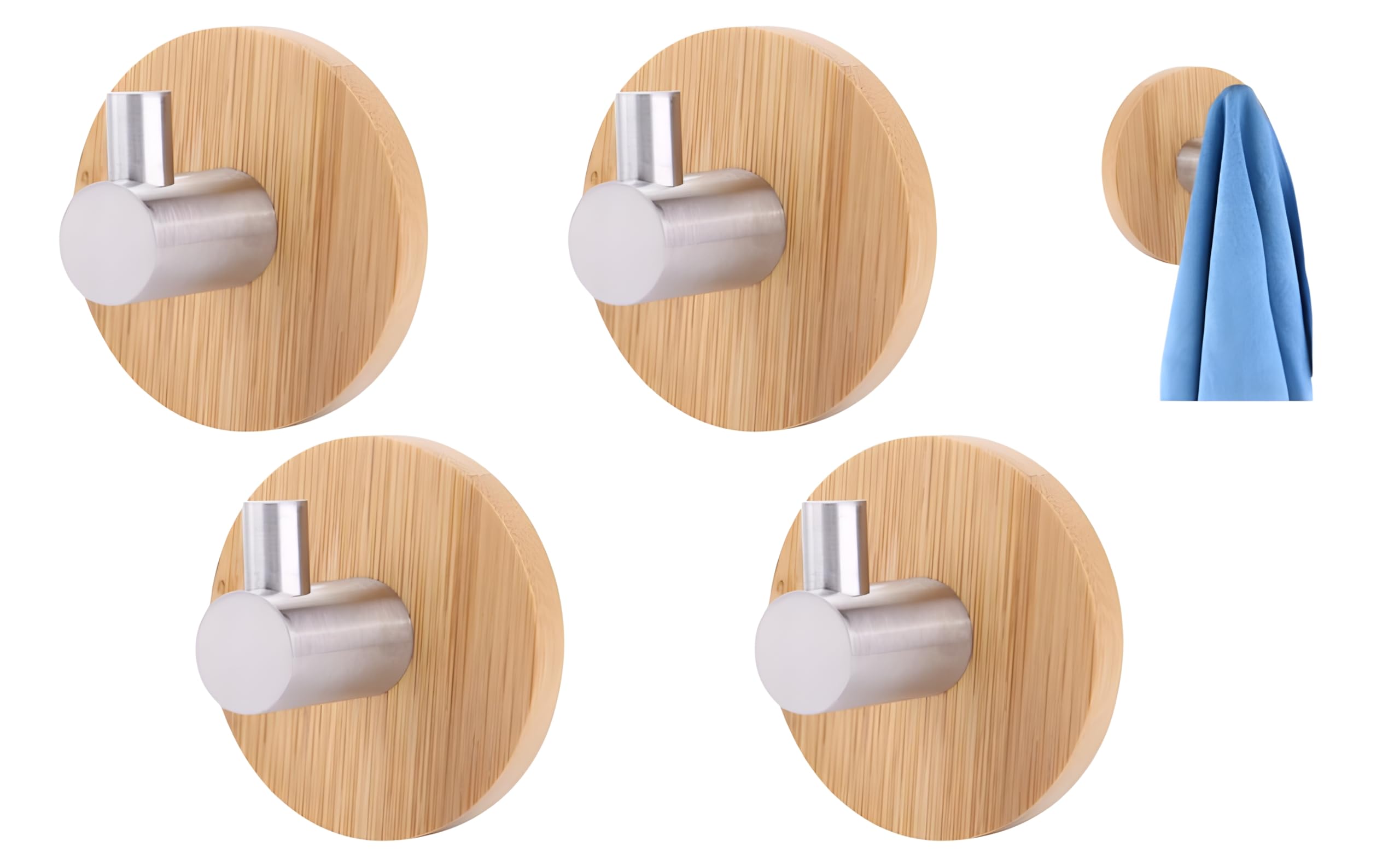 JIALTO 4 pcs Wooden Bathroom and Kitchen Without Drill Hooks for Wall, Self Adhesive Wall Hook, Ideal for Bathroom Accessories, Home Decor Items - Kitchen Accessories Items (Round Silver Wooden)