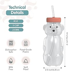 The 730 Project Honey Bear Straw Cup for Babies, 8-oz Honey Bear Cup with Lid, 3-Pack Therapy Learning Honeybear Straw, Baby Bottle Set, Firetruck RED