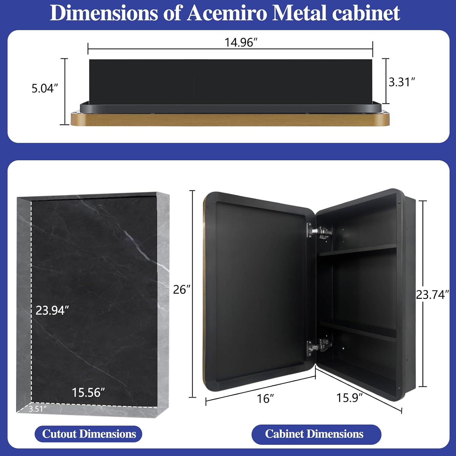 16" x 26" Bathroom Medicine Cabinet with Mirror Door, Brush Gold Stainless Steel Frame, Recessed or Surface Mounted,Storage Cabinet with Adjustable Metal Shelves,Upgraded Version