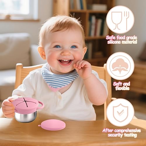 Miniatura 4 de Mity rain Paquete de 2 recipientes de acero inoxidable para niños pequeños con tapas y asas de silicona a prueba de derrames, tazas de aperitivos 3