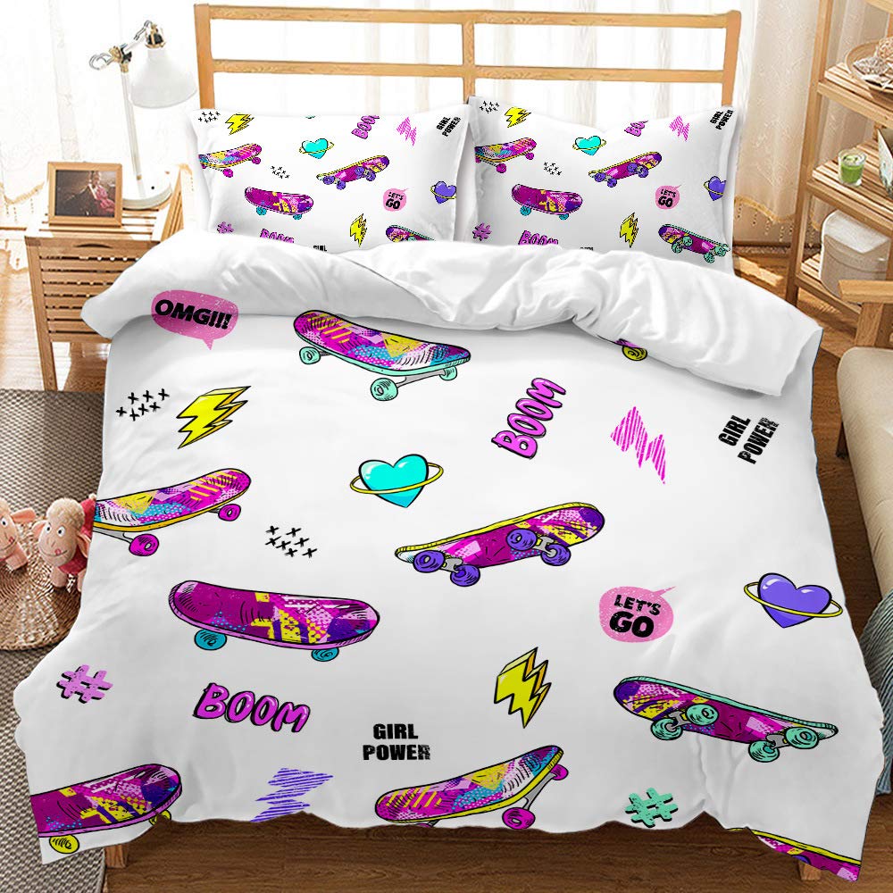 Morbuy Boys Rose Red Duvet Cover Set For Single Double Super King Size Bed, 3D Skateboard Printed Microfiber Bedding Sets Duvet Set With Pillowcases And Quilt Case (,135X200cm)