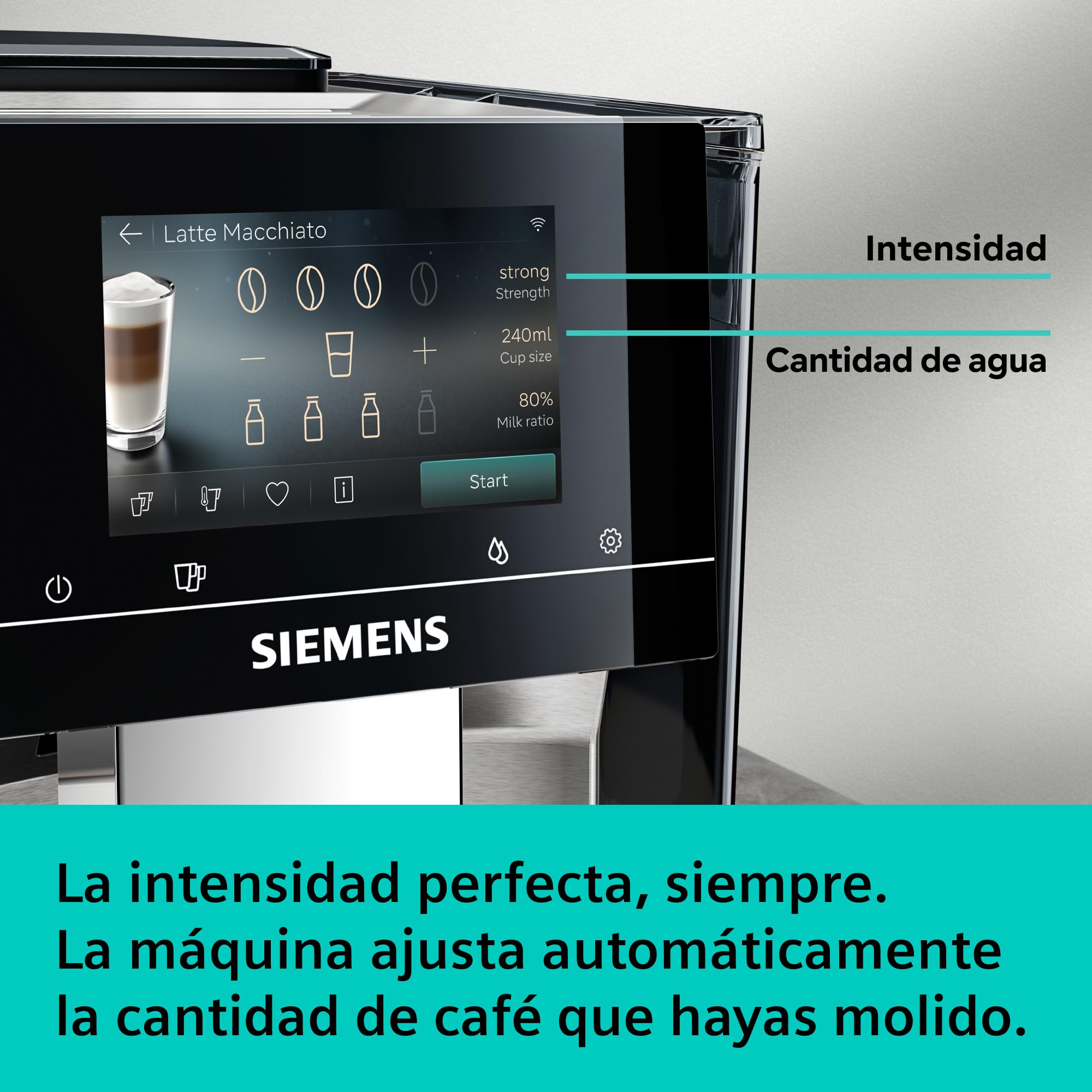 SIEMENS, Cafetera Superautomática, EQ700 iAroma, pantalla táctil, depósito de leche integrado, calentador de tazas, Cold Brew y Slow Brew, app Home Connect, acero inoxidable negro, TQ727E03