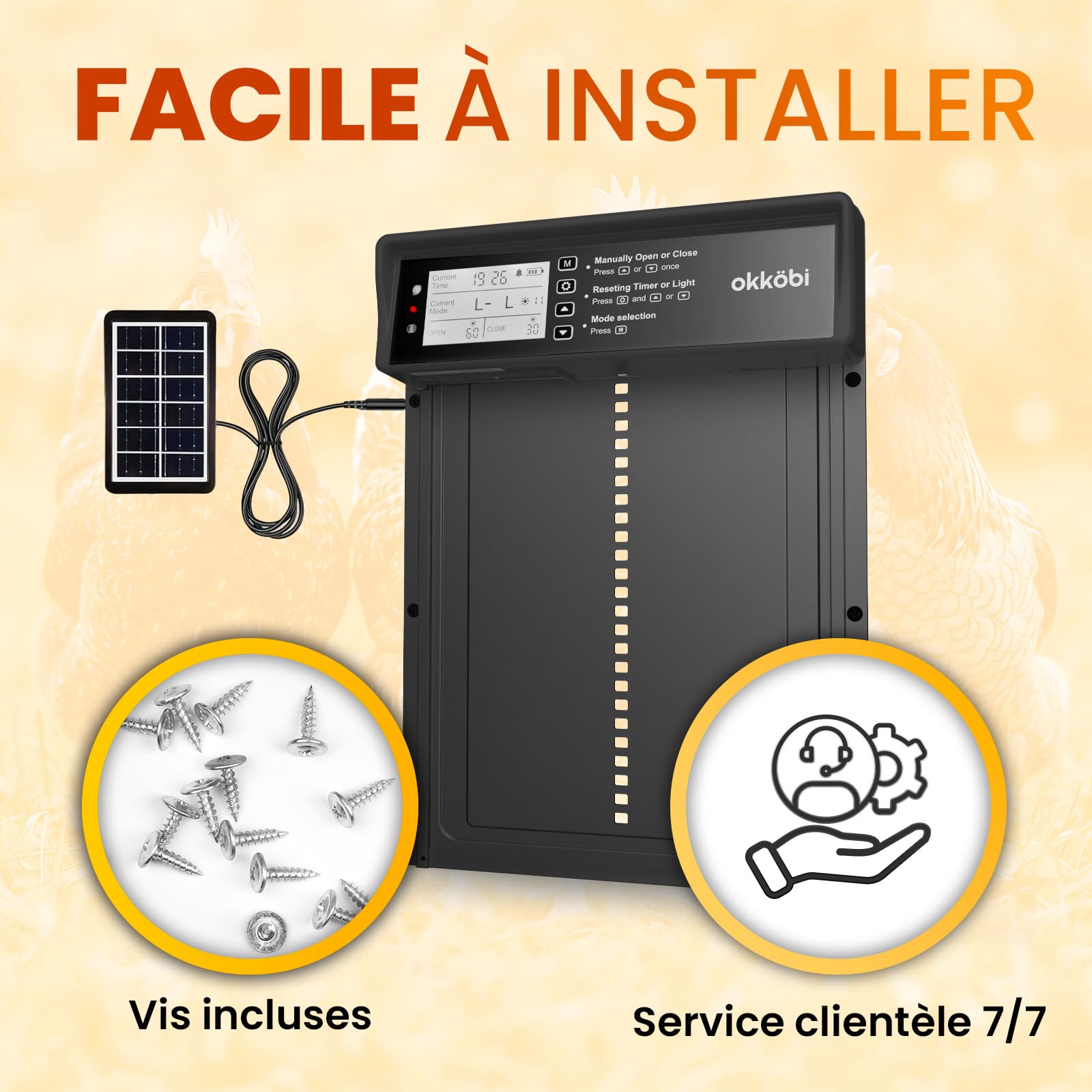 Okkobi Porte Automatique Poulailler Solaire - Ecran LCD - Télécommande, capteur de lumière et minuterie - Sécurité et tranquillité d'esprit : Fonction Anti-pincement - Protection 5 Ans - Noir
