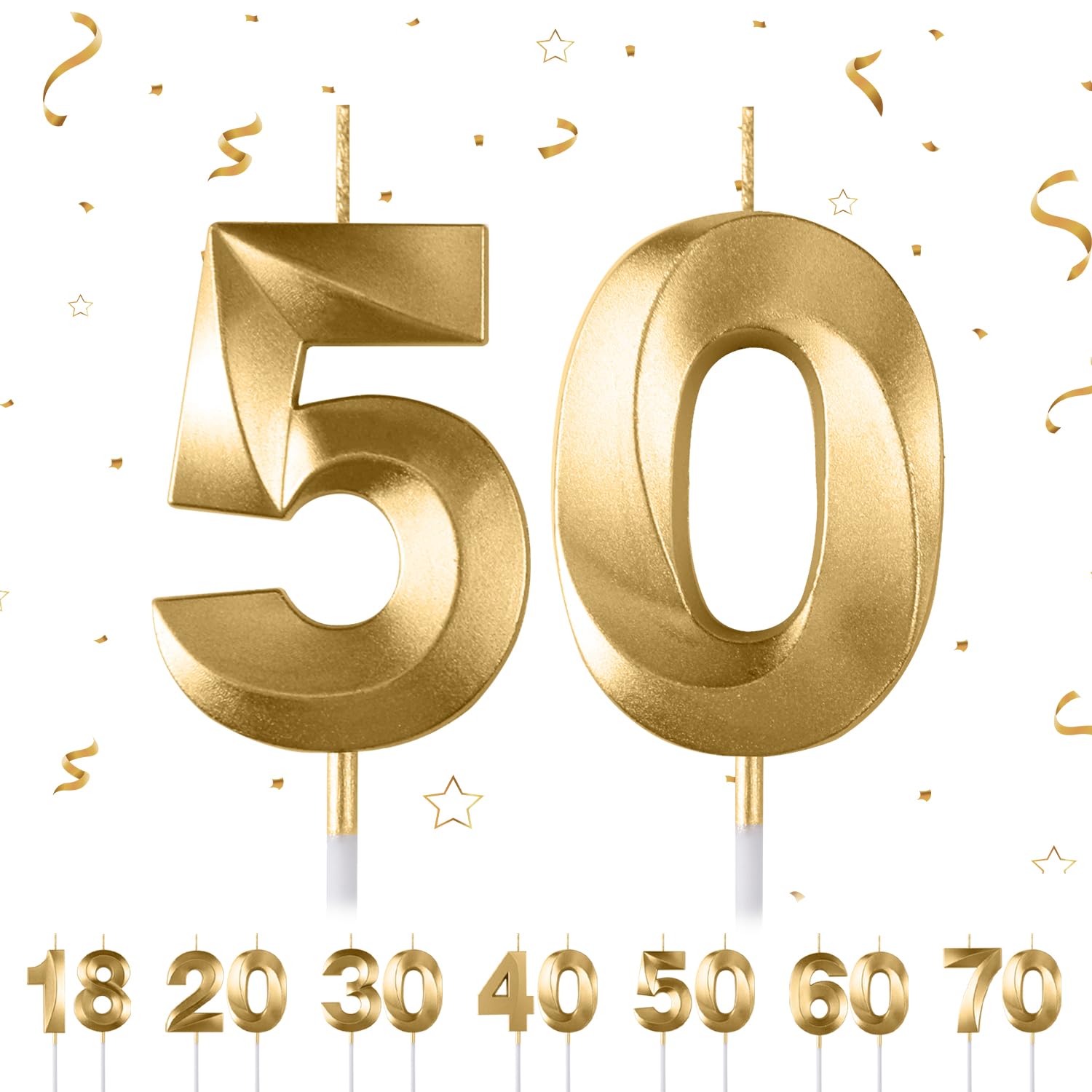 50th Birthday Number Candles - 3D Gold Candle for Party Cake Topper Decorations