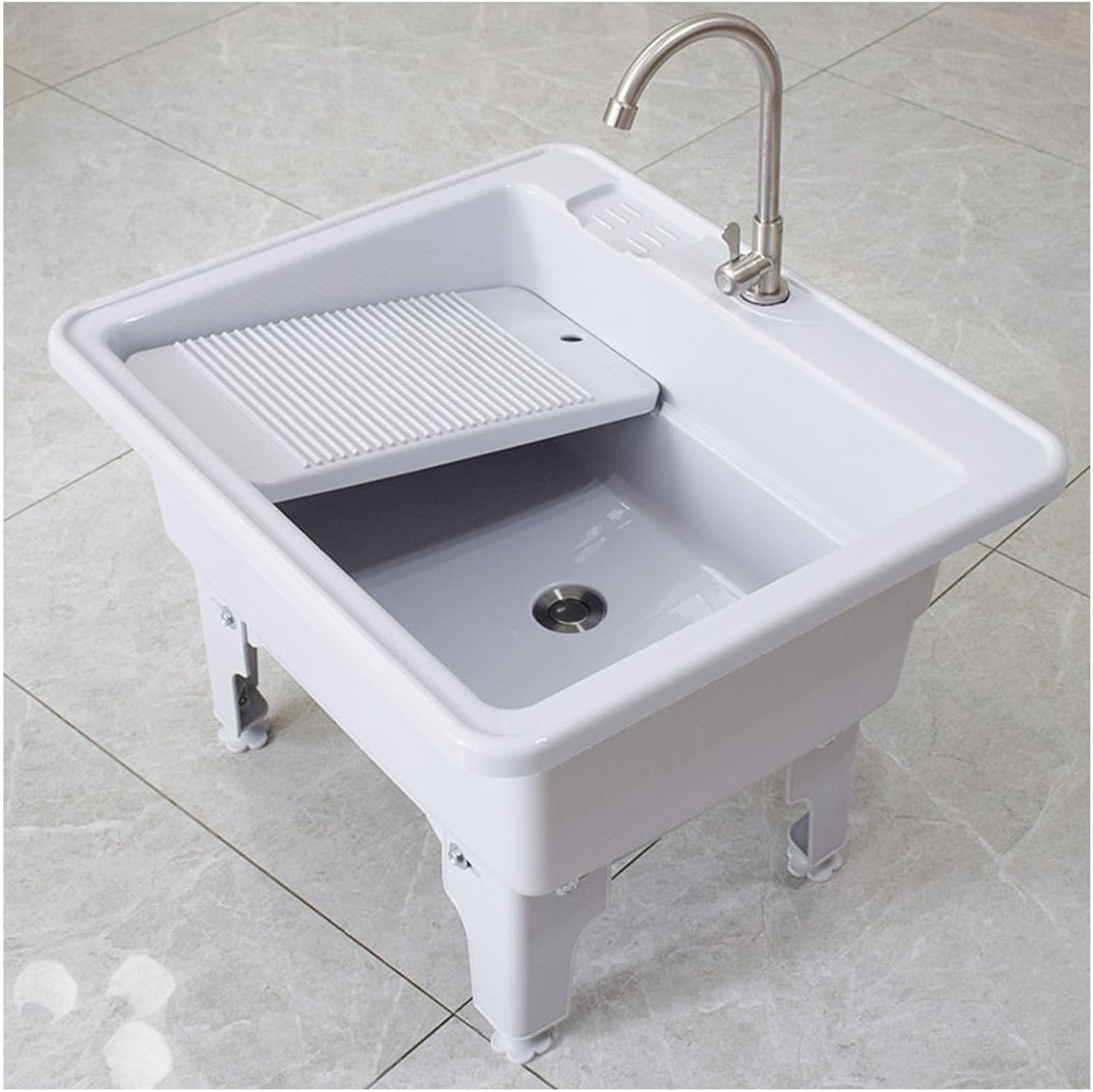 Freestanding Sink Bathroom Sinks Laundry Pool, Classic White Plastic Utility Sink with Washboard, 65x56x39CM, for Workshop/Laundry Room/Garage/Pet Wash Station