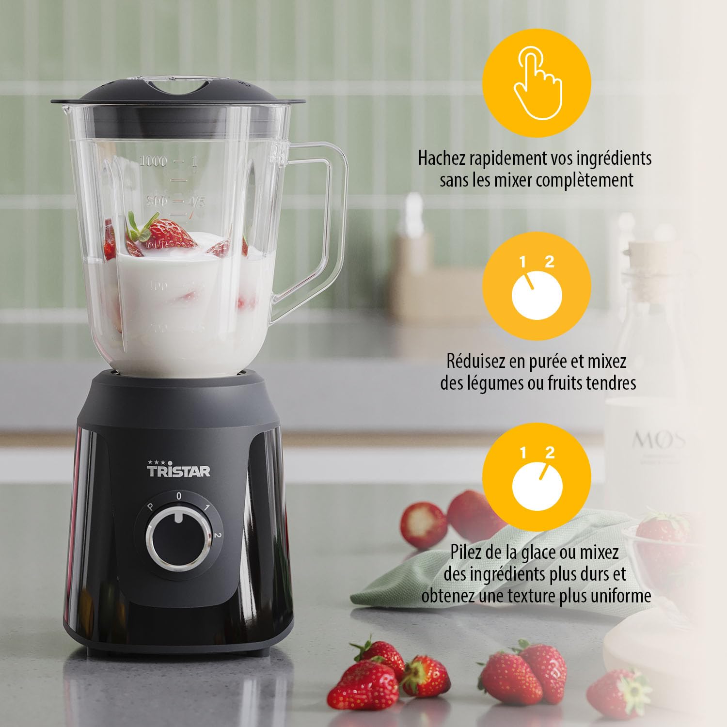 Tristar Blender, récipient en verre de 1 l, 2 vitesses, fonction pulse pour piler la glace, pièces résistant au lave-vaisselle, noir, 350 W, Smoothie Maker BL-4482