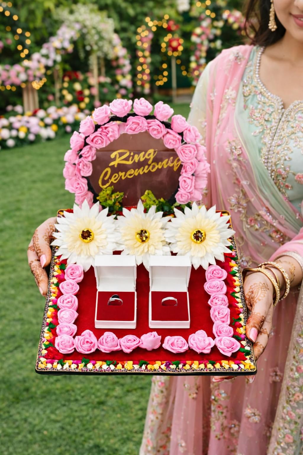 BESTMOON Elegant Ring Ceremony Tray with Artificial Flowers | Engagement Ring Platter with Dual Ring Boxes | Floral Wedding Ring Thali for Indian, Wedding Engagement Theme 4