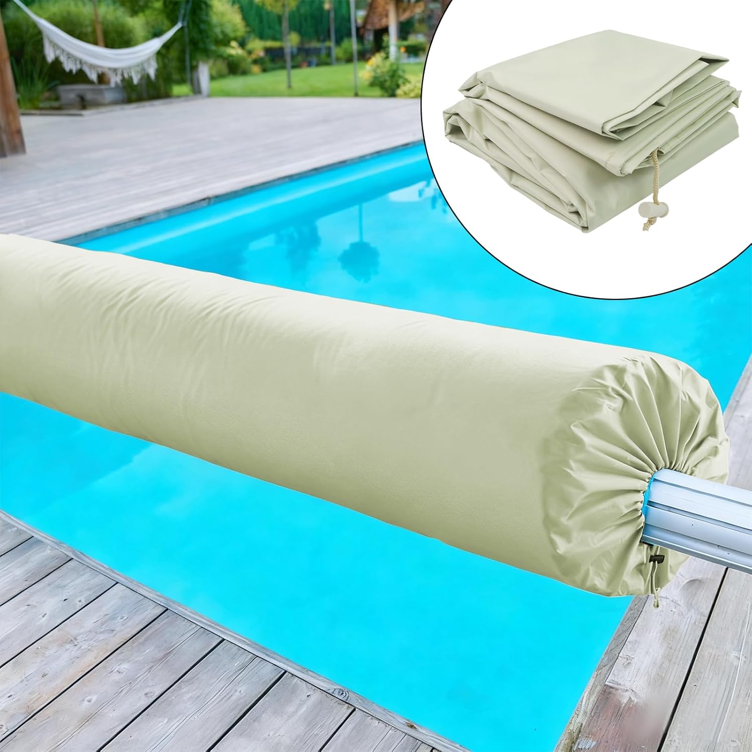 18Ft Solar Pool Cover Reel for Pools, Beige 420D Water Resistant Fabric Solar Blanket Cover for Above Ground & Inground Pools, Winter Protective Pool Reel