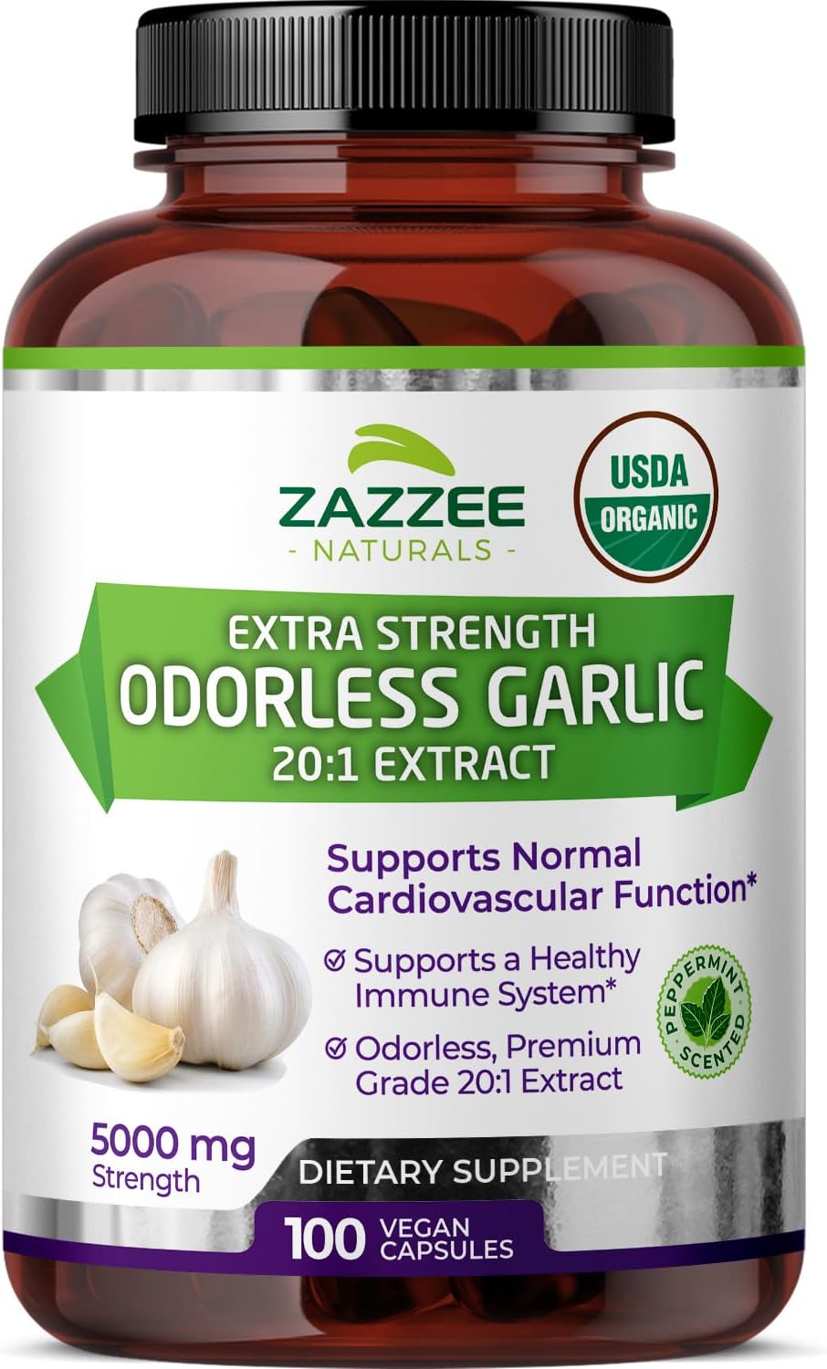 Zazzee USDA Organic Odorless Garlic 20:1 Extract, 5000 mg Strength, 100 Vegan Capsules, 3+ Month Supply, Standardized, Concentrated 20X Extract, 100% Vegetarian, All-Natural, Non-GMO, Made in The USA