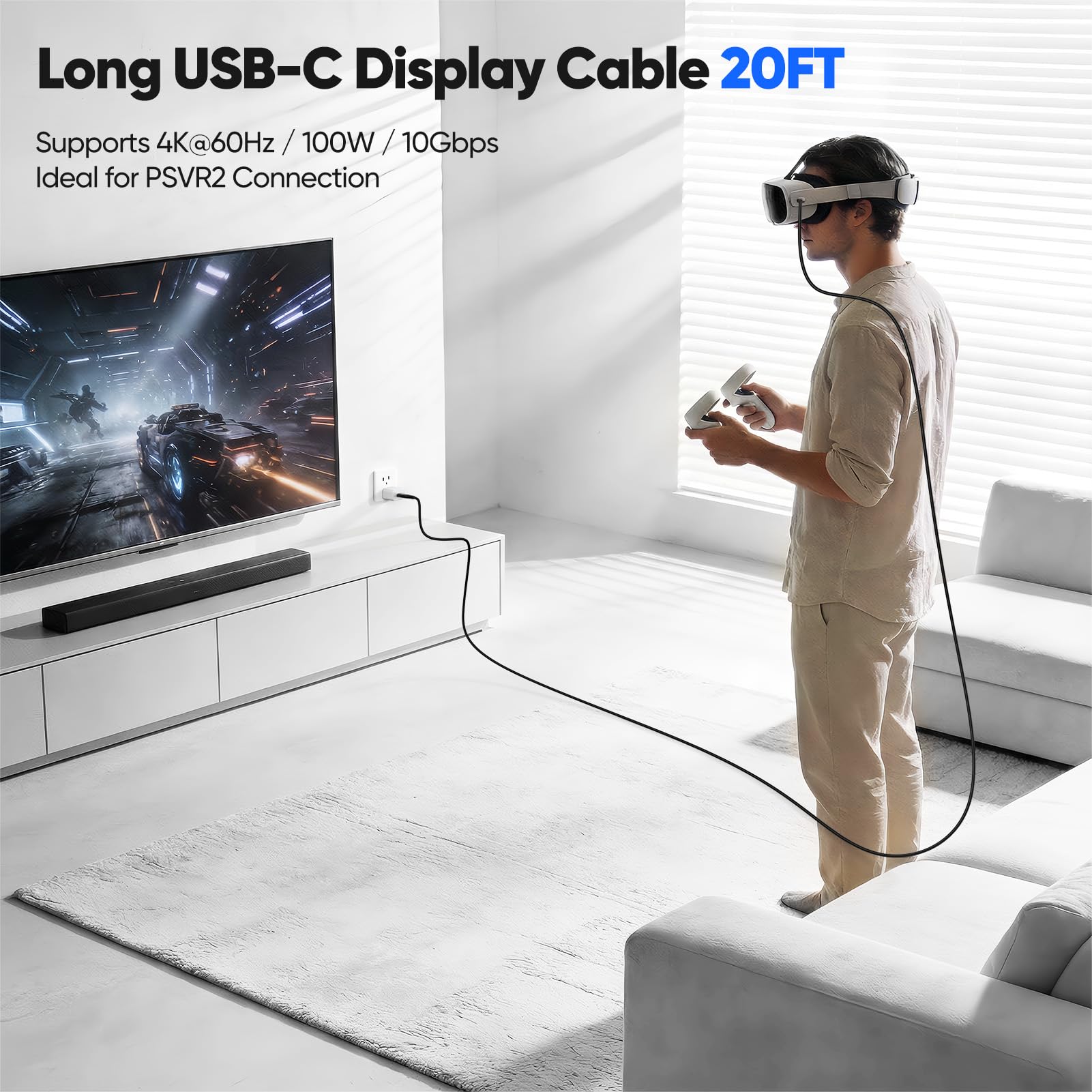 Cable USB C de 20 pies, cable USB 3.2 Gen 2 de 20 pies, cable USB C a C de carga rápida/monitor de video/datos (4K a 60Hz, 100W, 10Gbps) para USB C Hub VR, monitor portátil KYY/MNN, LG, DELL-6M