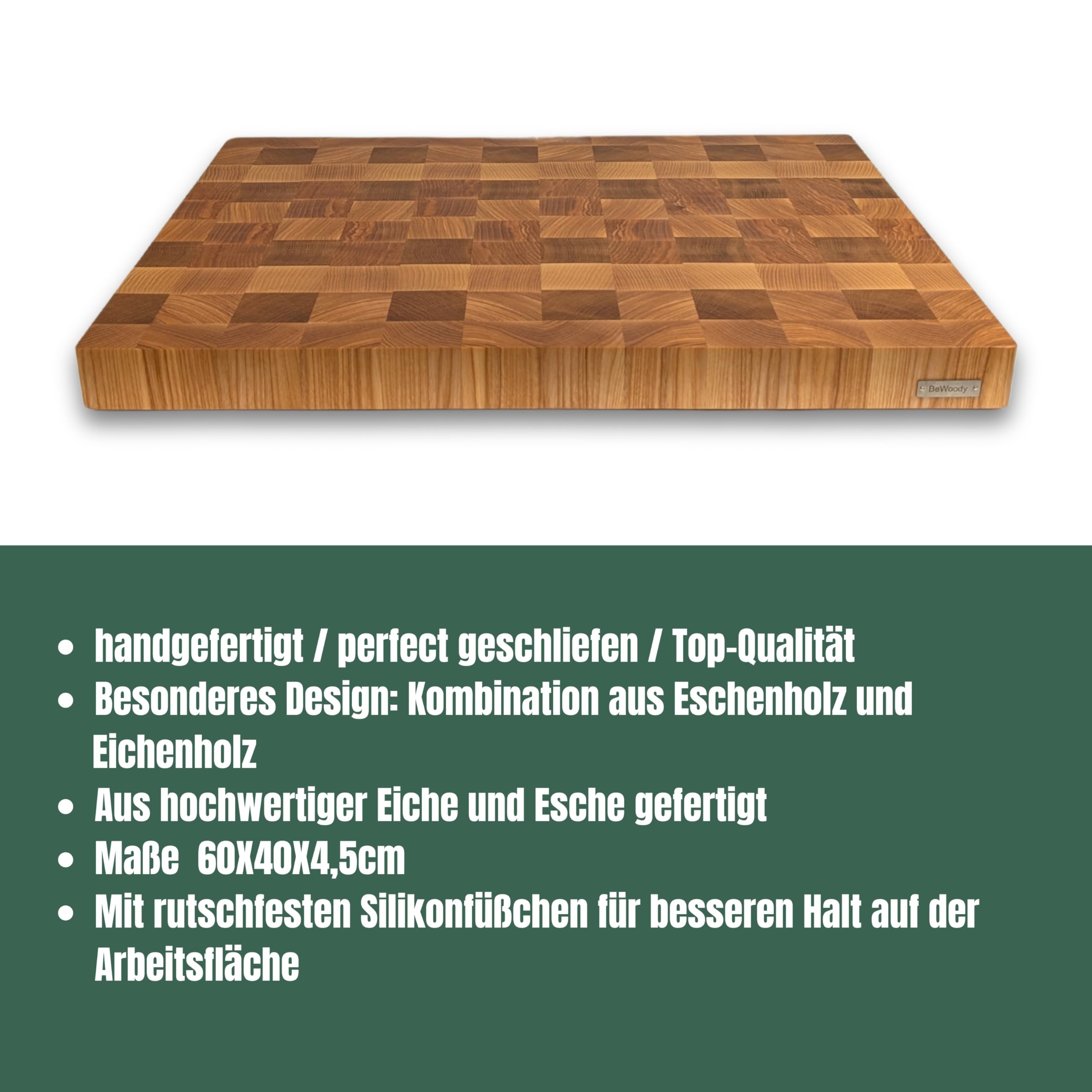 XXXL Stirnholz Schneidebrett 60×40×4,5 cm – Premium Hackblock aus Eiche & Esche – Küchenbrett massiv mit Griffmulden & rutschfesten Silikonfüßen – extra groß & langlebig