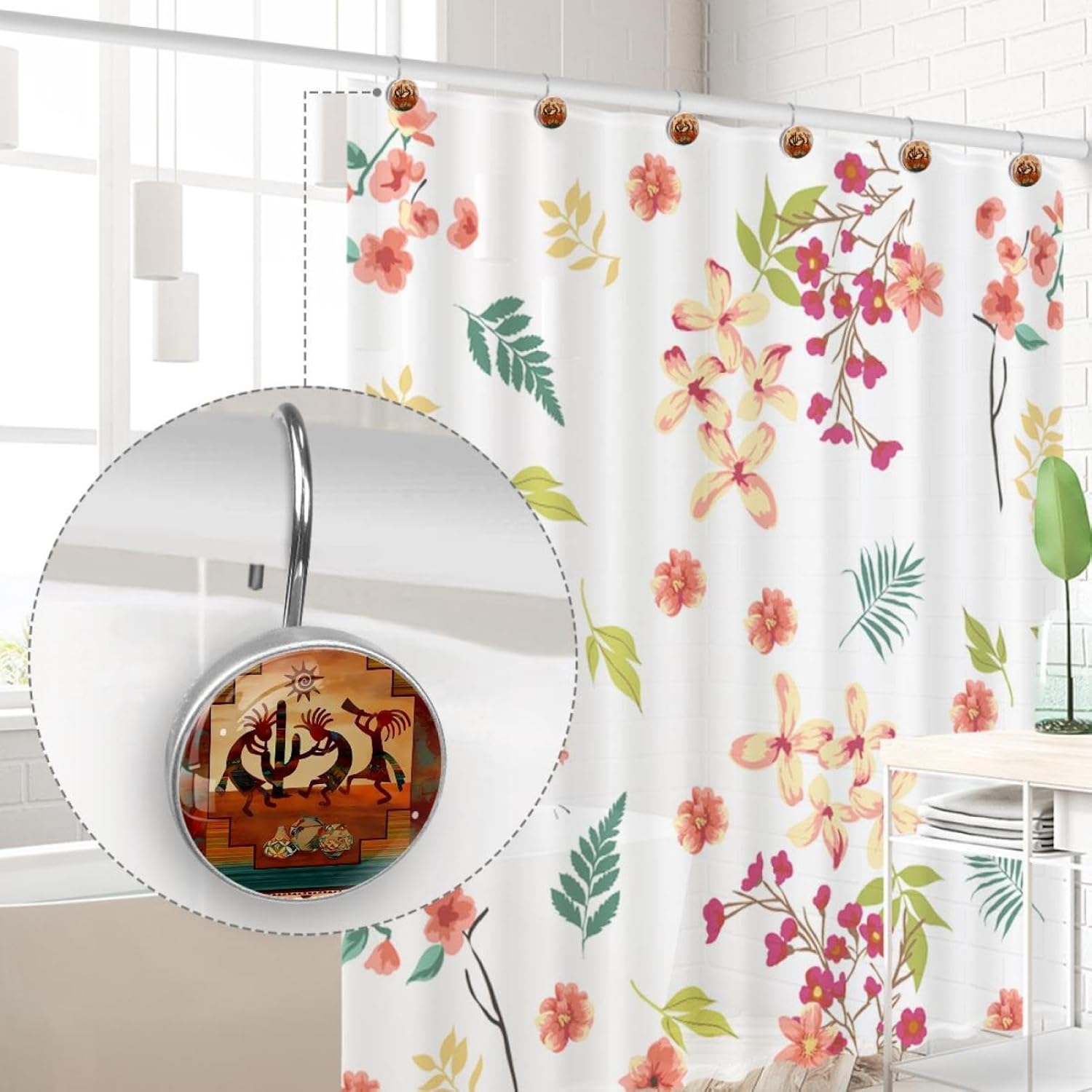 Southwest Kokopelli Native American Decorative Shower Curtain Hooks Rings Set of 12 Hooks for Shower Curtain Rustproof Curtain Rings for Bathroom