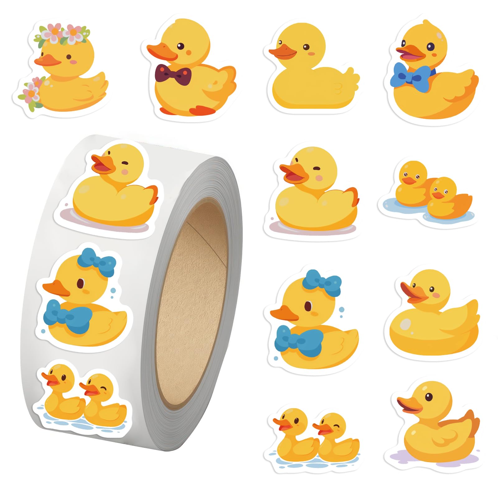 500PCS Cute Duck Stickers 10 Styles Sticker Rolls Rubber Yellow Ducks Stickers Duck Party Favors Waterproof Vinyl Stickers(500 Per Roll)