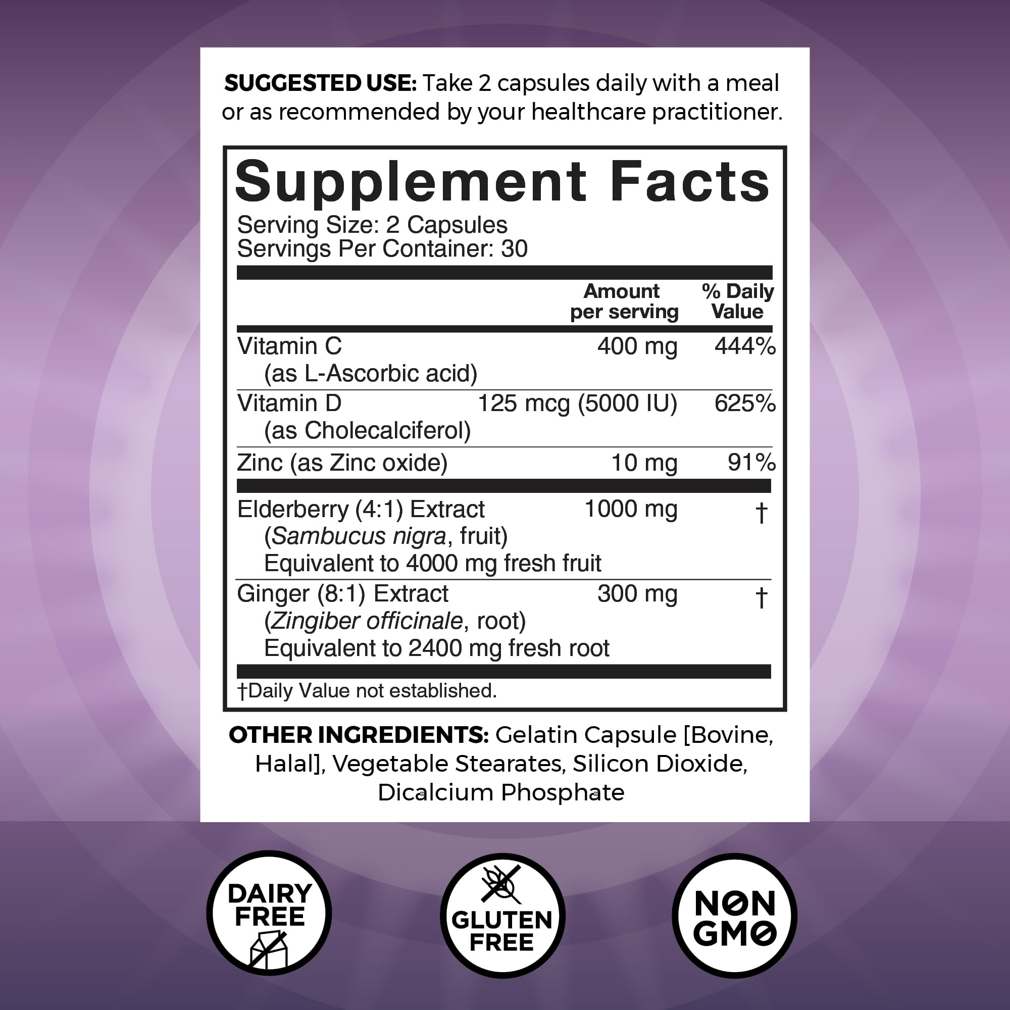 Viva Naturals Black Elderberry 1000mg with Vitamin C, D3 5000 IU & Zinc - 5-in-1 Immune Support Supplement for Adults, Sambucus Elderberry Capsules with Ginger for Men and Women, (60 Capsules) — Amazon image 4