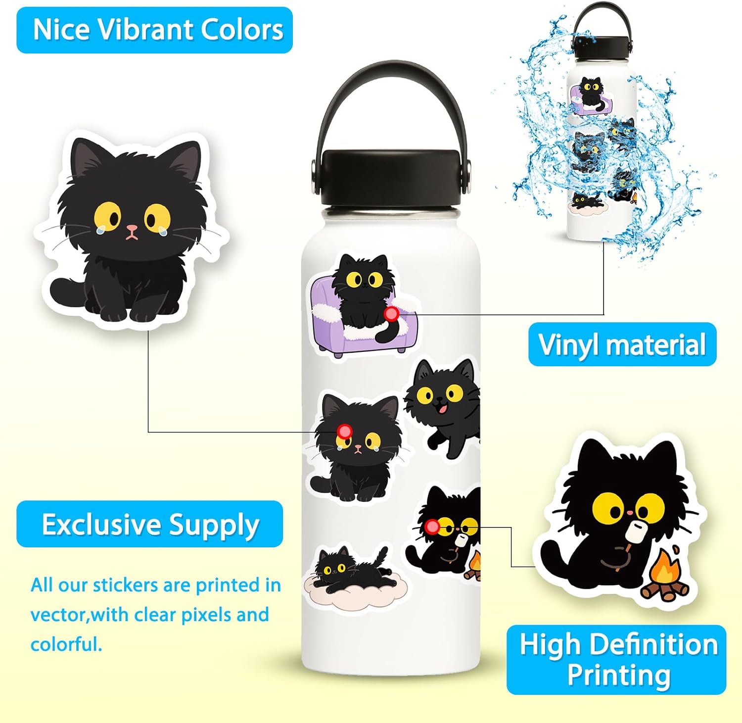 50Pcs Kawaii Black Cat Stickers, Waterproof Cute Kitten Stickers for Water Bottle Laptop Kindle Suitcase Scrapbooking Skateboard, Funny Graffiti Decals - Image 6