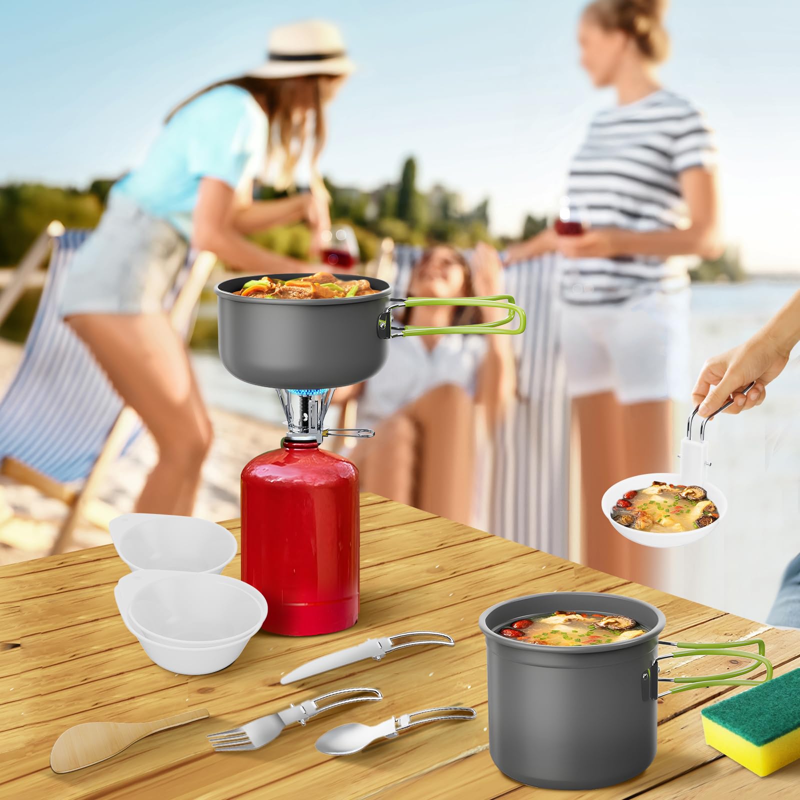 Kit di Pentole da Campeggio, Pentola e Padella da Campeggio in Alluminio, Posate Pieghevoli, Set di Pentole da Campeggio Portatili Utensili da Cucina Outdoor Camping Picnic Escursione BBQ