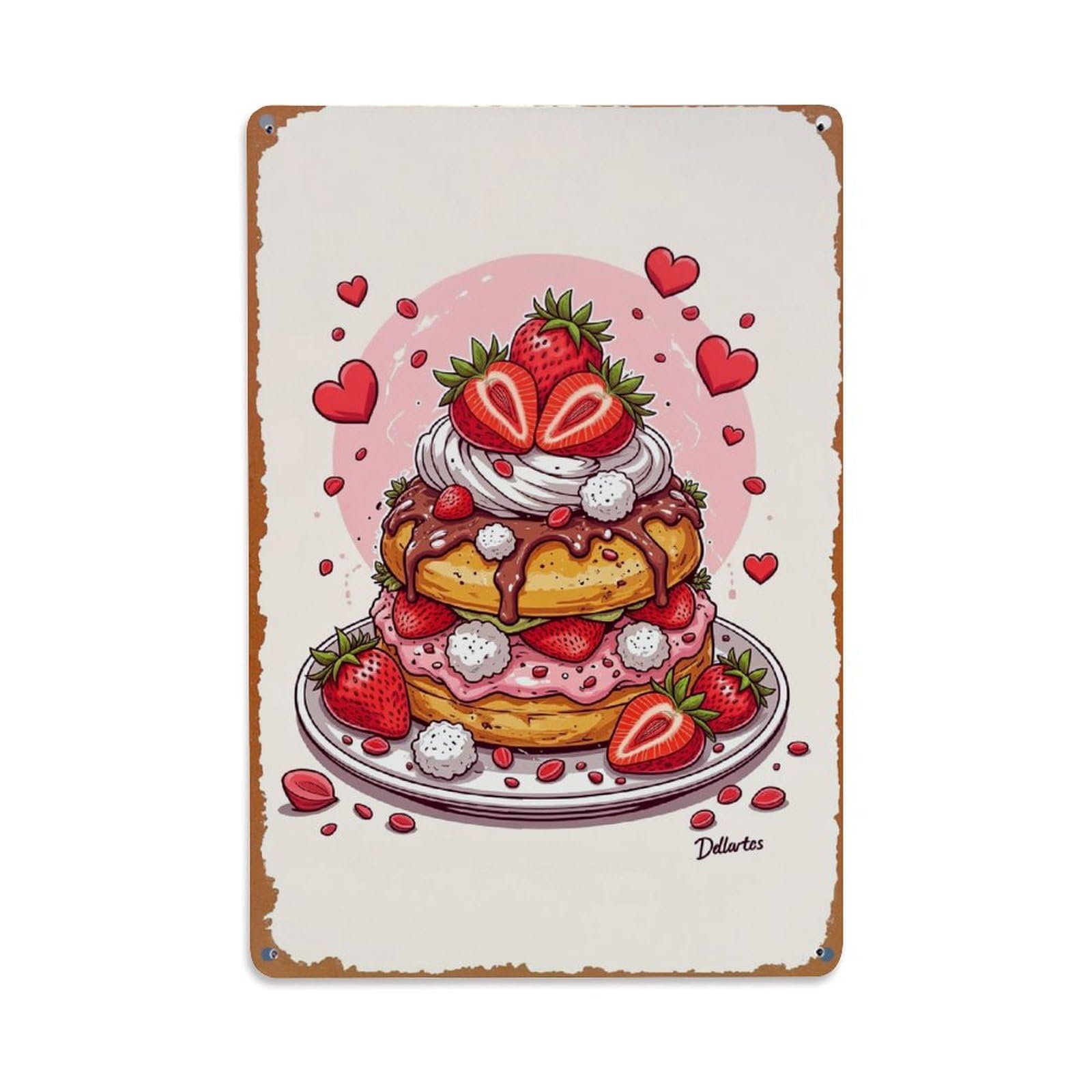 Nestemfo Vintage Strawberry Pancake Stack With Hearts Tin Sign Metal Sign, Living Room,Bar, Home, Bedroom Wall Decor,Retro Metal Poster 8X12 Inches