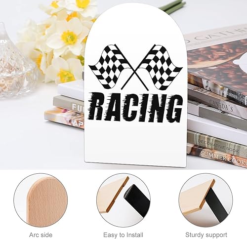 Miniatura 4 de Banderas a cuadros de madera para coche de carreras, sujetalibros decorativos antideslizantes para estantes, 1 par de 7 x 5 pulgadas