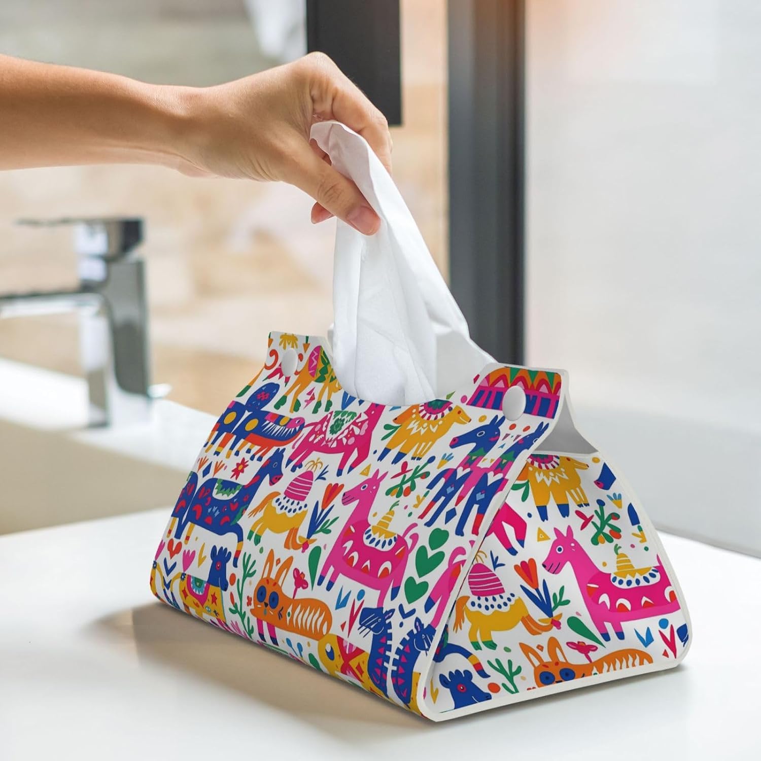 Decorative Tissue Box Cover Mexican Otomi Animals Tissue Box Holder Aesthetic Leather Storage Organizer Box for Bathroom Vanity Tabletop Night Stands Office Funny Home Decorative Tissue Case image 5