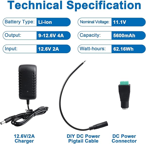 12V 5600mAh Li-Polymer Battery Pack with Charger Compatible with 12 V Devices, DIY Project, Bike Light,Radio, Fishing Light, LED Light Strip, CCTV Camera, Routers, Car DVRs, etc. - 2