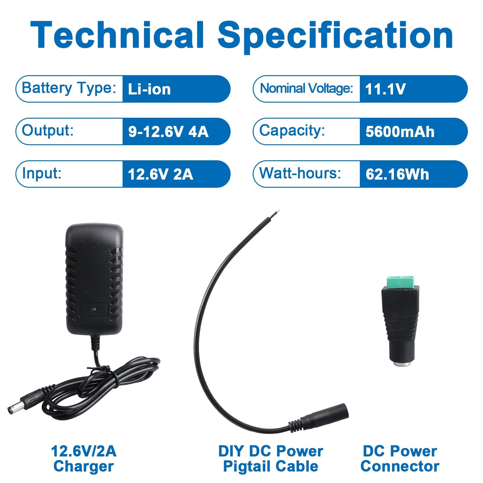 12V 5600mAh Li-Polymer Battery Pack with Charger Compatible with 12 V Devices, DIY Project, Bike Light,Radio, Fishing Light, LED Light Strip, CCTV Camera, Routers, Car DVRs, etc.