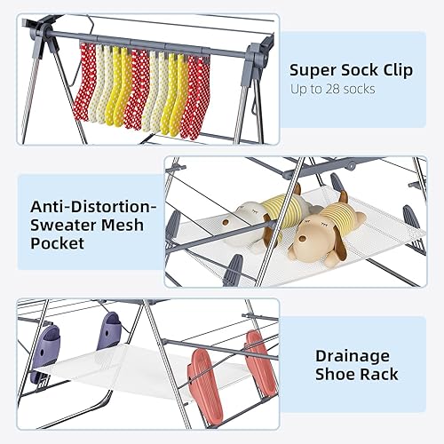 Miniatura 7 de Tendedero de Ropa Plegable de 2 Niveles para Secar Ropa, Tendedero de Acero Inoxidable Plegable para Interiores y Exteriores, con Alas de Altura