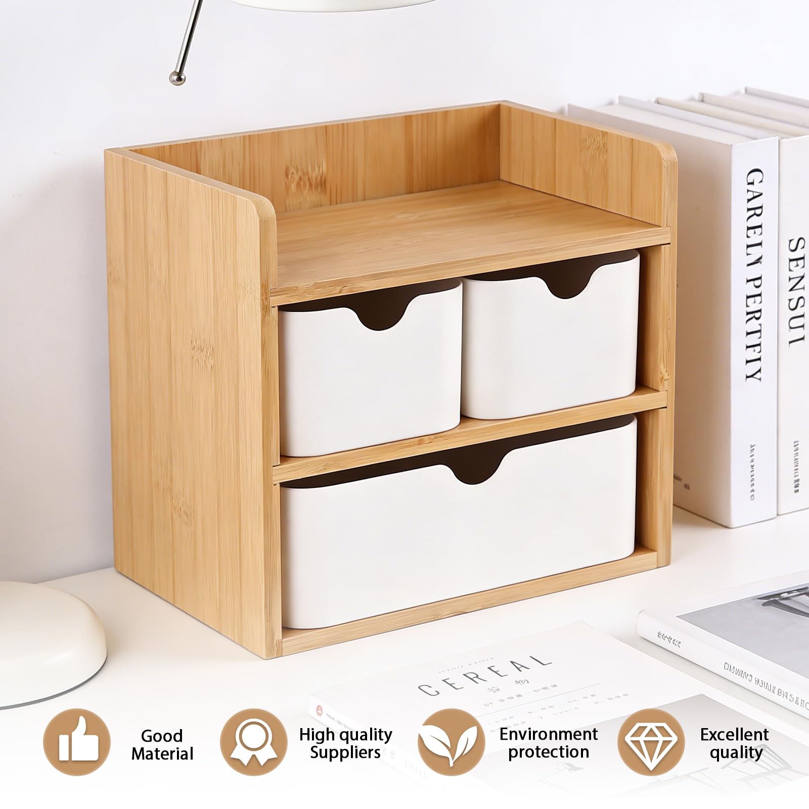 Make-Up Organizer Holz mit 3 Schubladen: 20 x 14 x 19 cm Bambus & MDF Holz Aufbewahrungsbox mit Schubladen, Mini Schubladenbox für Büro Zuhause Schule (Weiß/Natur)