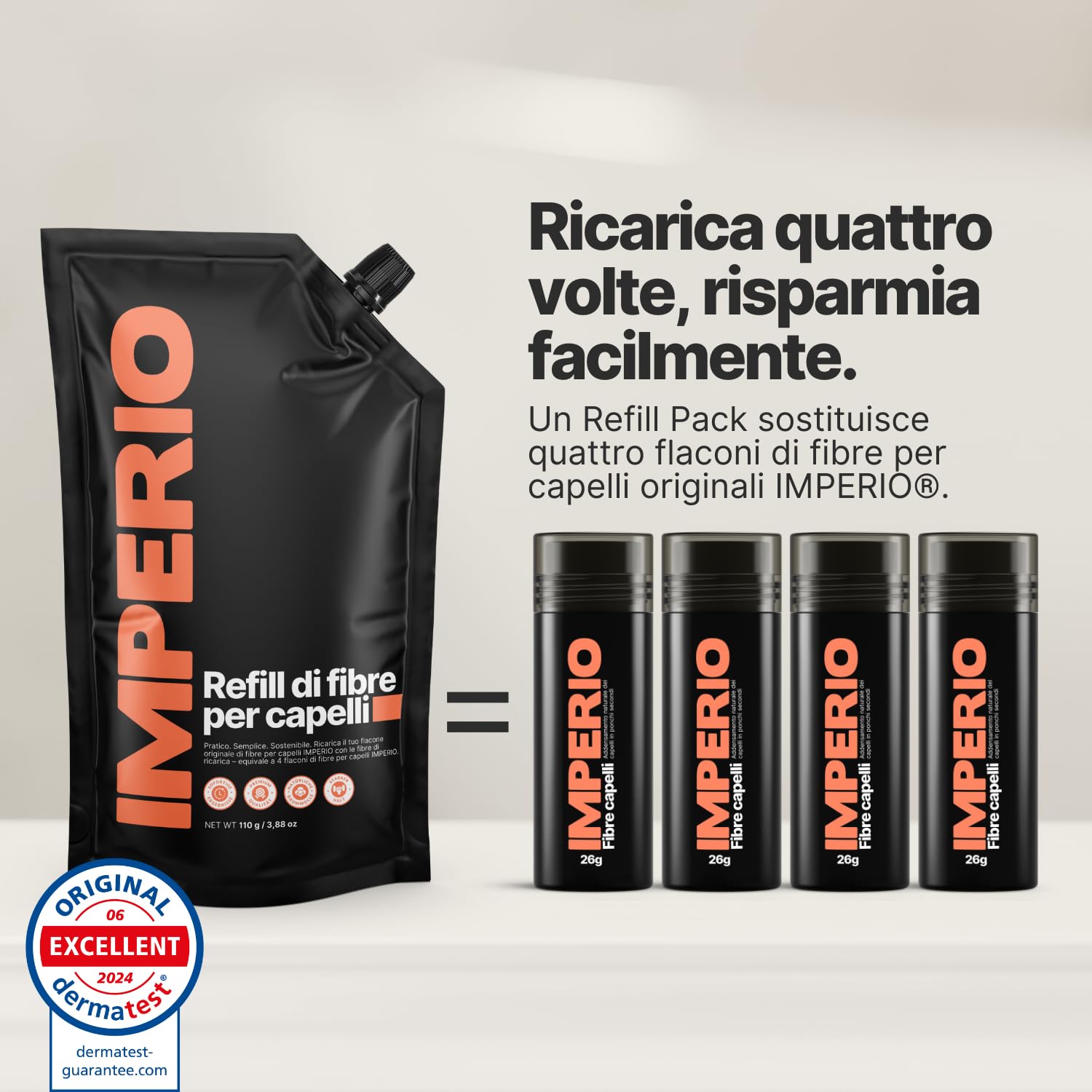 IMPERIO Confezione di Ricarica per Capelli Sparsi - Sacchetto di Ricarica da 110 g con Capelli Premium da Versare - Confezione di Ricarica Sostenibile con Chiusura Pratica - Facile Ricarica della