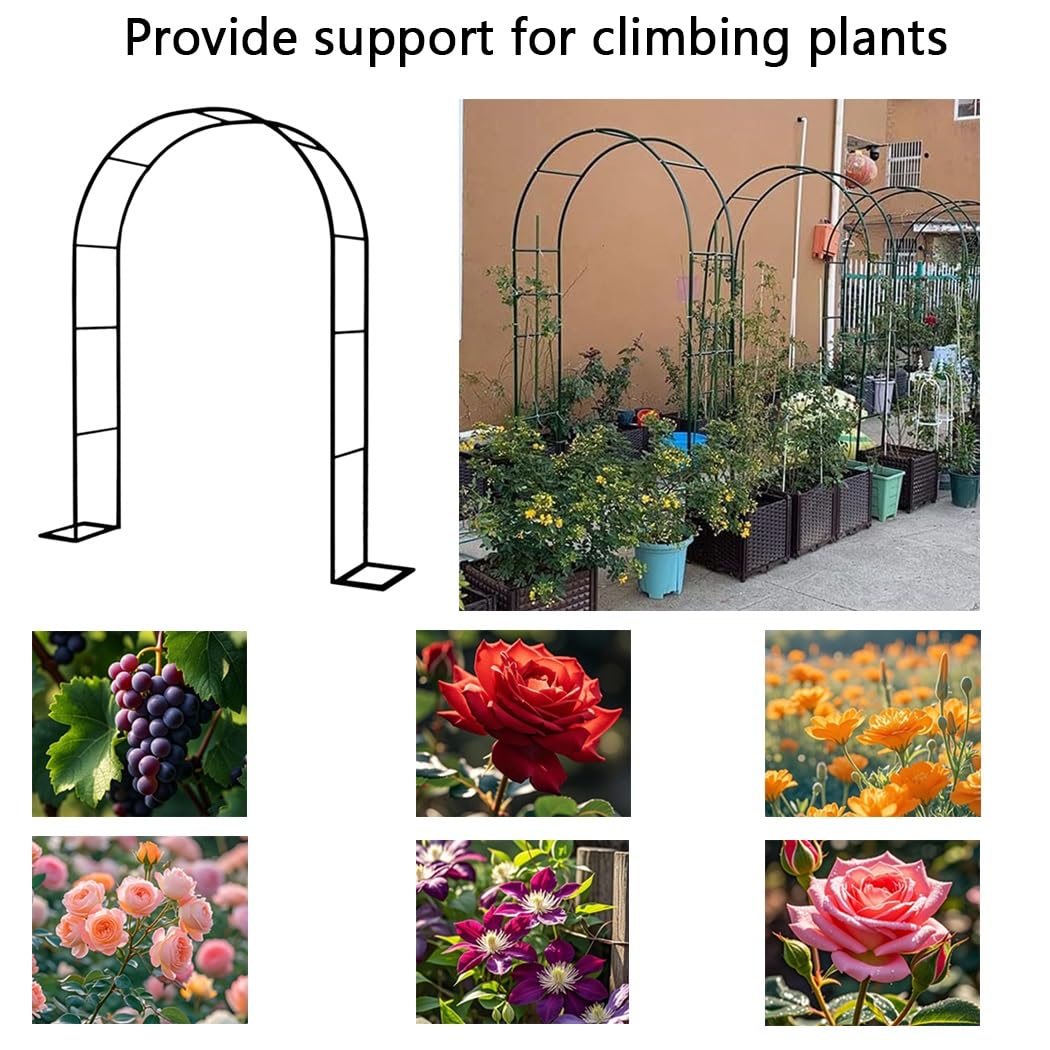 Arco da giardino in metallo resistente, traliccio in ferro resistente alle intemperie per piante rampicanti, stabile, pergolato nero con basi decorative per ingresso, 140 x 230 cm
