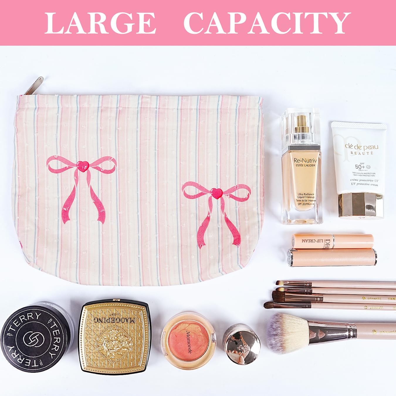 Large Makeup Bag for Purse Pink Stripe Bow Cosmetic Bag for Women Girls Cute Pink Bowknot Canvas Travel Toiletry Bag Organizer - Image 3