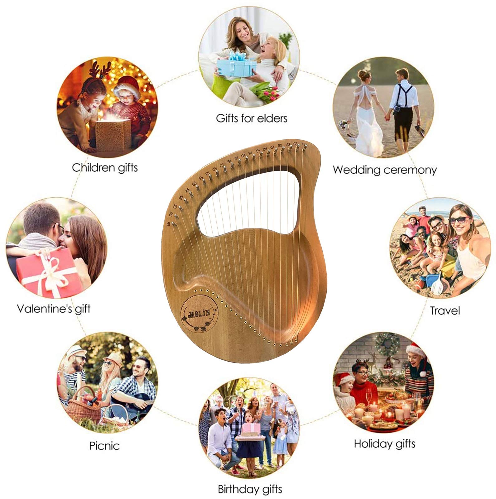 Arpa lira 21/24 corde, strumento corde in legno massello mogano, con custodia per il trasporto/chiave accordatura/corda ricambio/manuale istruzioni in inglese, per amanti della musica, principianti