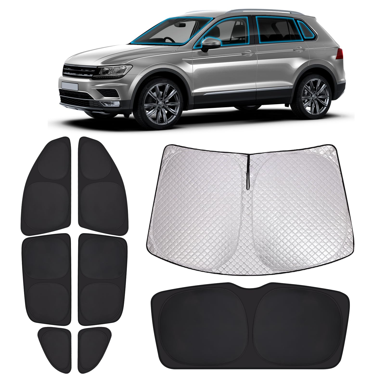 Parasol Coche para VW Tiguan II 2016-2024 Parabrisas Plegable (8 Piezas) | XCBYT, Parasol a Medida Parabrisas Trasero y Ventanas, Tejido reforzado de 6 capas , Cortina Privacidad
