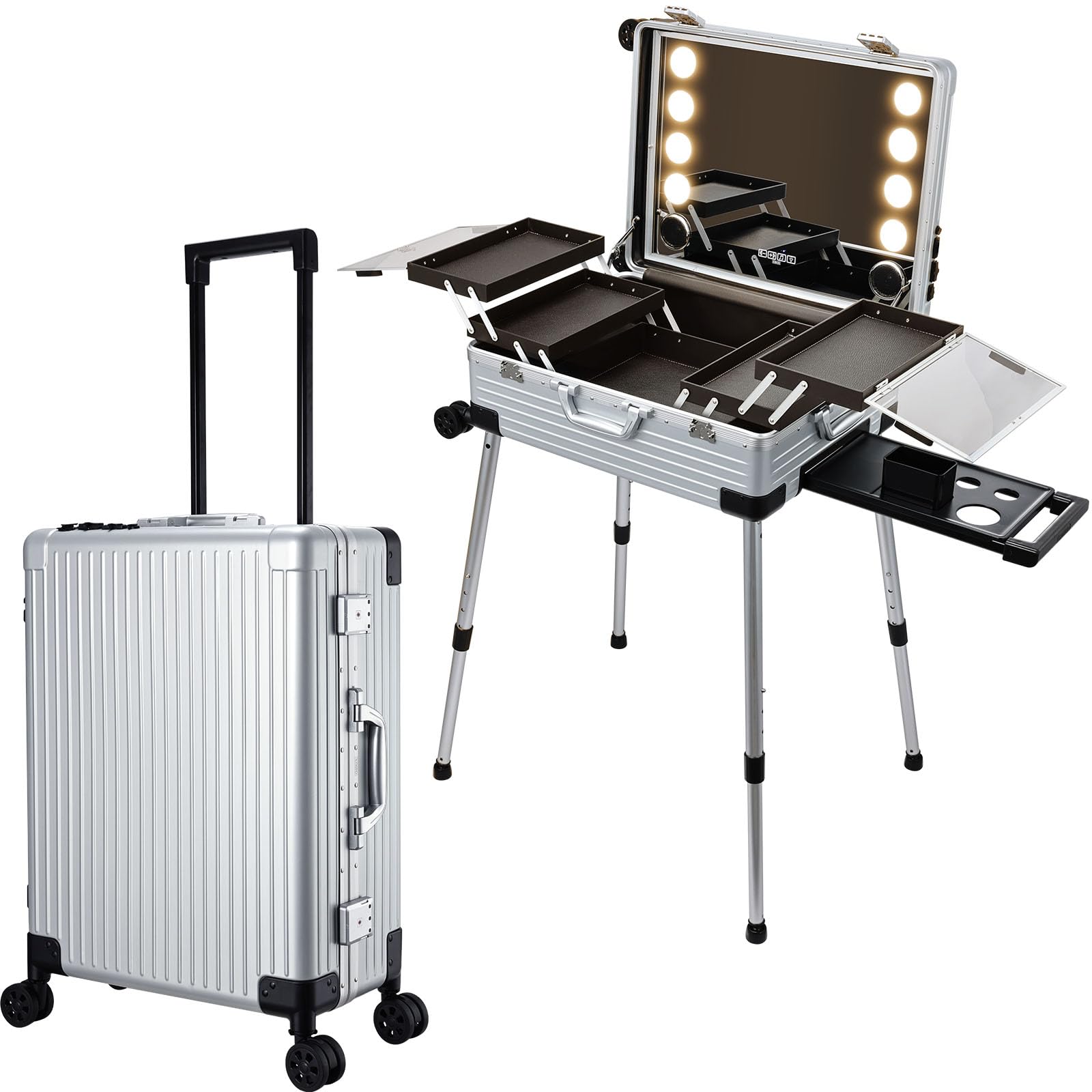 Faquenc 24'' Aluminum Trolley Rolling Makeup Train Case with LED Light Mirror Professional Cosmetic Travel Box with Bluetooth Speaker Make up Cosmetic Organizer Studio Nail Salon Beauty Vanity Silver