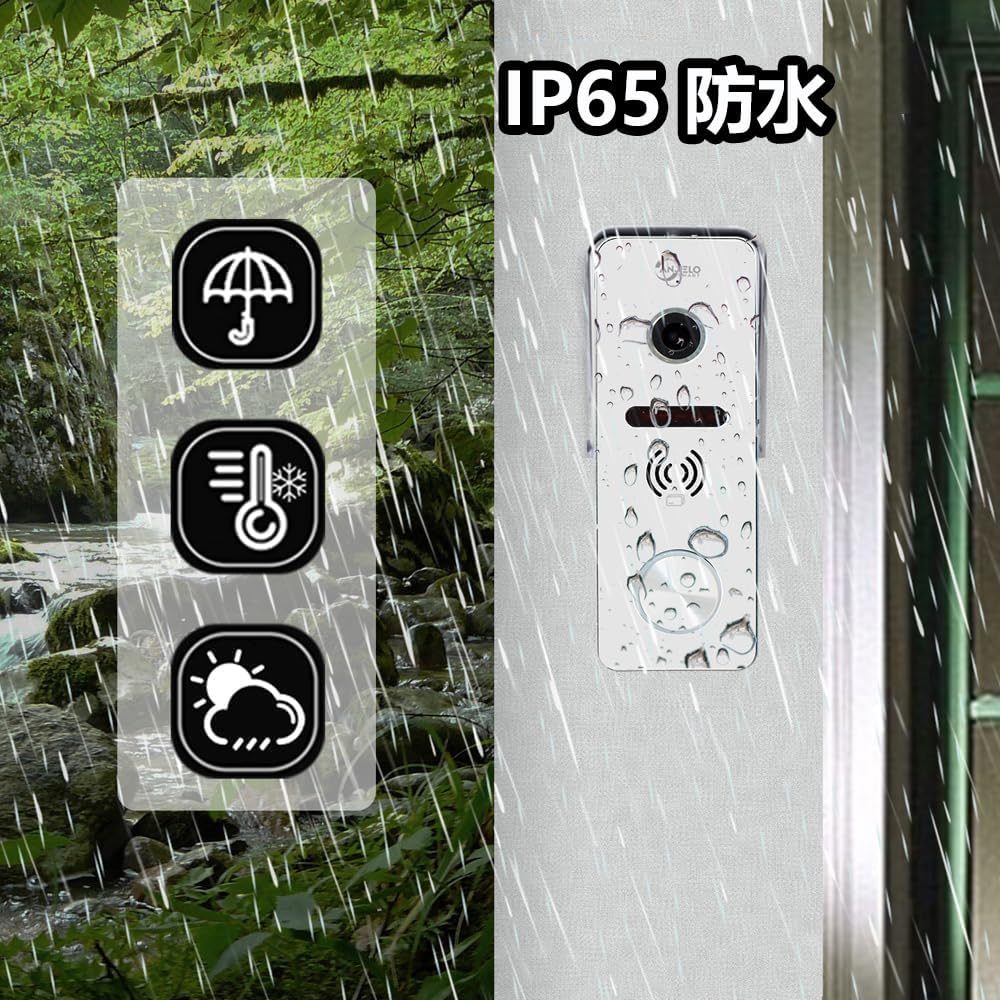 Image showing the IP65 waterproof rating of the doorbell, with rain falling on it and icons for rain, temperature, and sun/cloud.