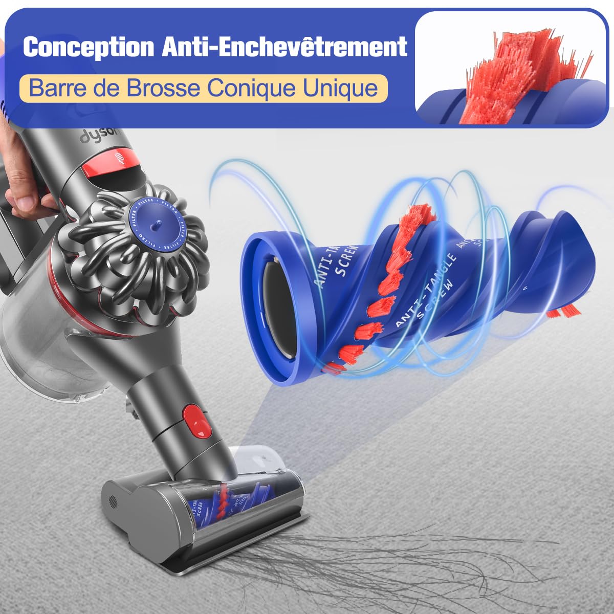 Mini Brosse Turbine Sans Cheveux Compatible avec Dyson V15 V11 V10 V8 V7 Aspirateurs, Idéal pour Nettoyer les Canapés Paniers de vos Animaux Matelas Escaliers