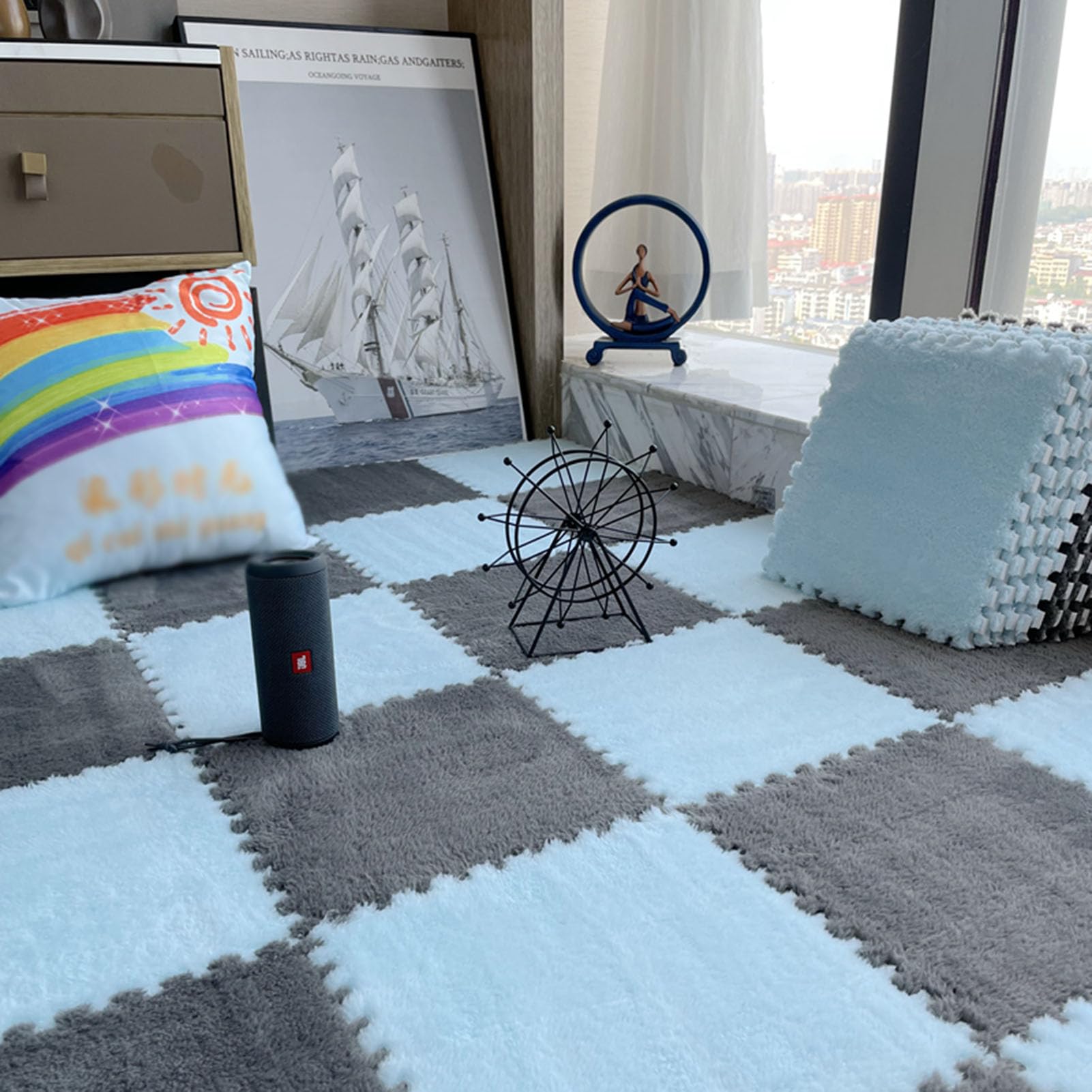 Splice Interlocking Carpet 20 Pezzi Quadrati Tappetino in Schiuma di Peluche, Tappeto Antiscivolo ad Incastro, Arredamento per la casa, Tappeto in Schiuma Antiscivolo,Gray+Light Blue