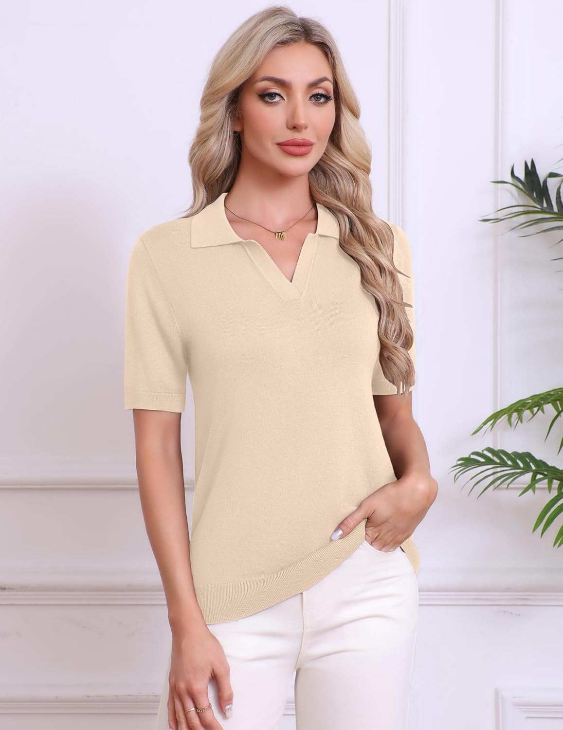 Zeagoo Women's Short Sleeve Polo Sweater V Neck Knitted Spring Casual Work Tops Loose Pullover Shirt - Image 5