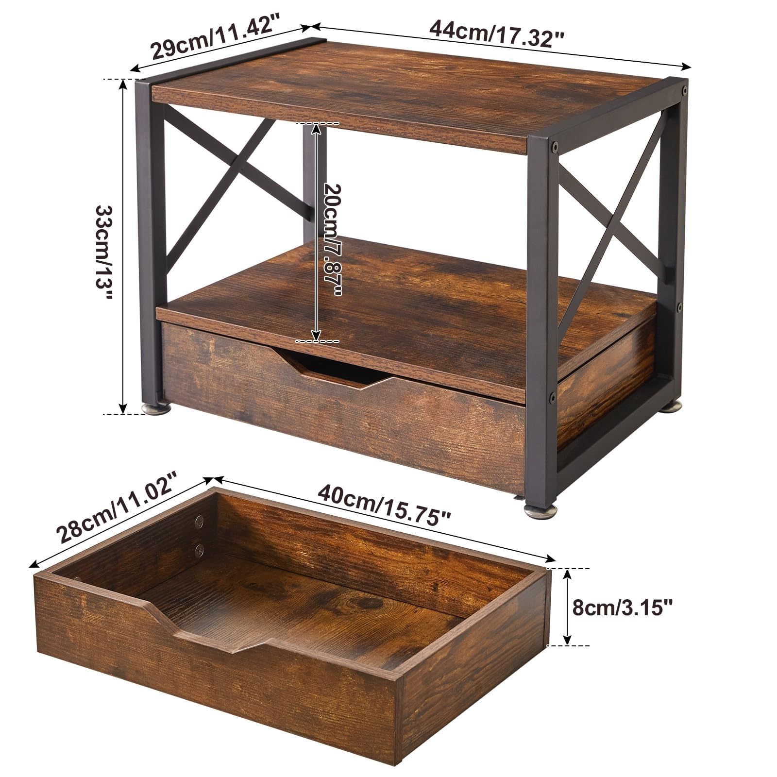 IBUYKE Supporto per stampante desktop a 2 livelli, organizer da scrivania multiuso, supporto per stampante in legno con cassetto di archiviazione per cartelle, libri, per fax, scanner, ufficio