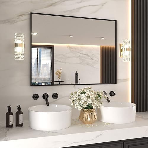 Miniatura 3 de LOAAO Espejo de baño rectangular negro de 48 x 36 pulgadas, marco de aleación de aluminio negro mate, vidrio templado, se cuelga vertical u
