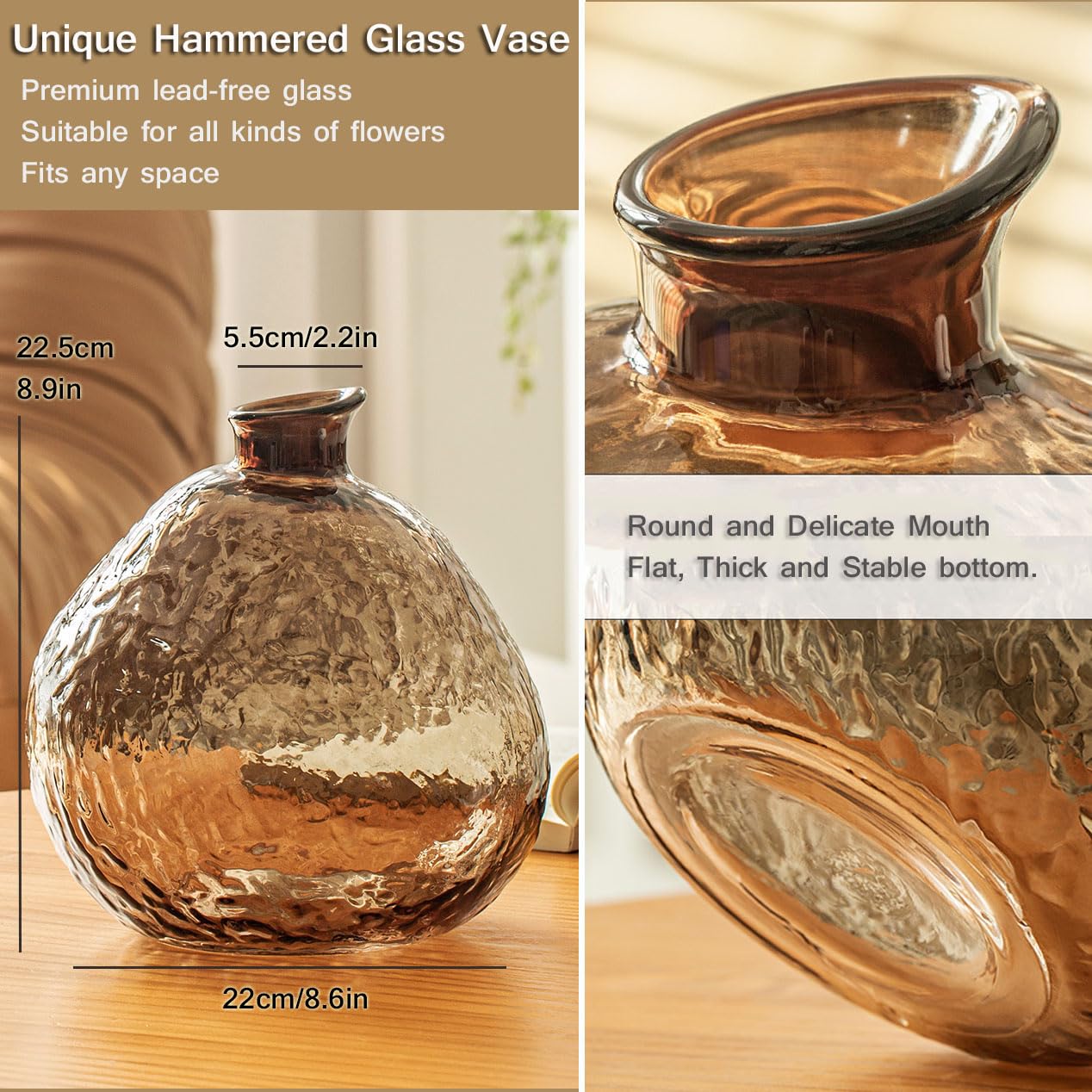 Jarrón de cristal ámbar hecho a mano para decoración del hogar Wabi Sabi, jarrón grande texturizado para sala de estar y decoración de mesa de entrada