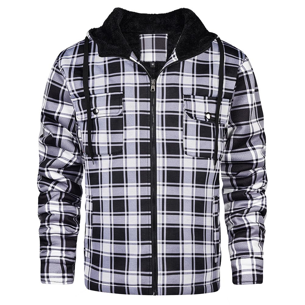 Mens Hoodies Zip up Fleece Jacket Plaid Printed Work Hooded Jacket Winter Warm Long Sleeve Coat with Pockets