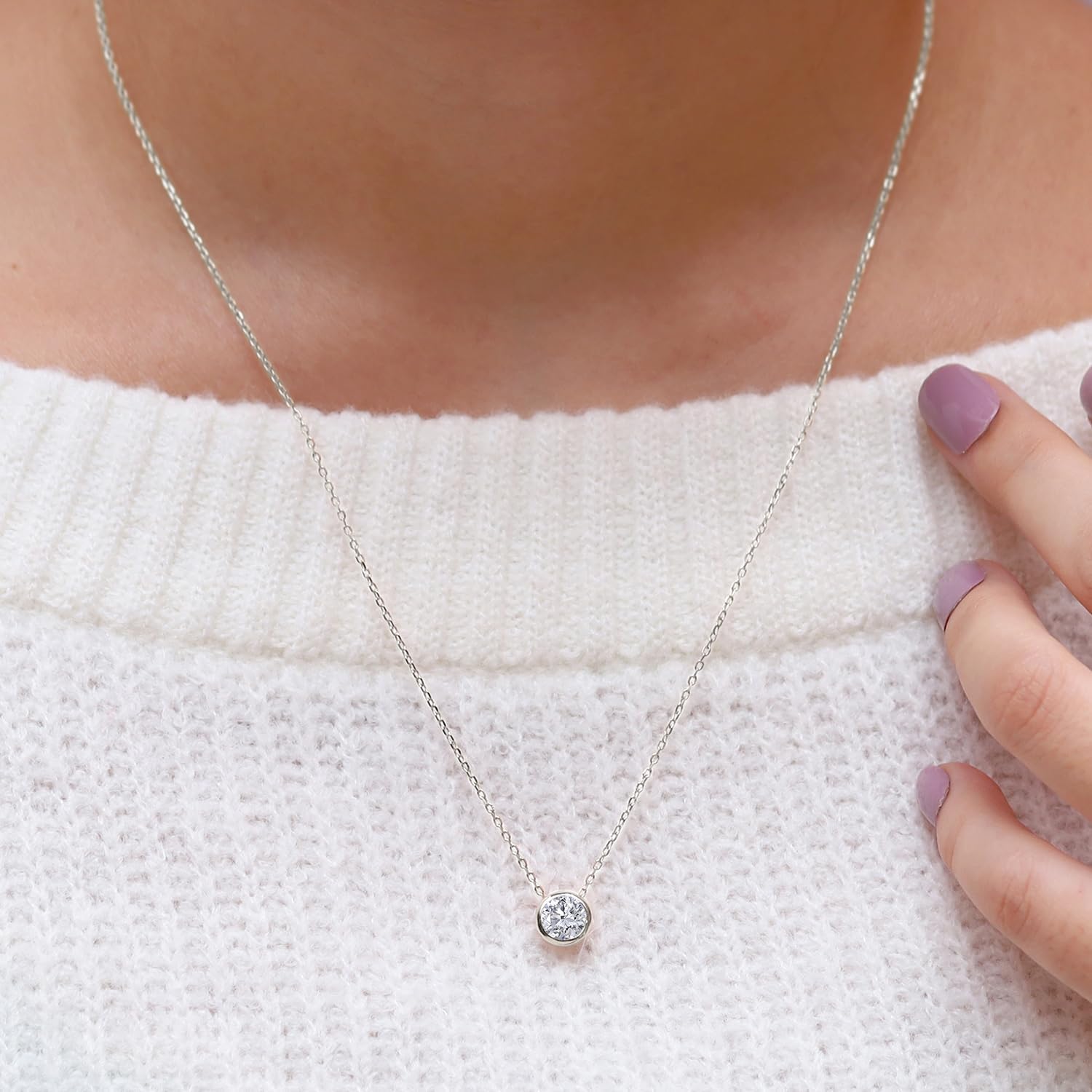 SAVEARTH DIAMONDS Solitaire Pendant Necklace for Women 6.5MM Round Lab Created Moissanite & Lab Grown Diamond Bezel Set Pendant in 14k Gold Over Sterling Silver jewelry Gift For Her - Image 4